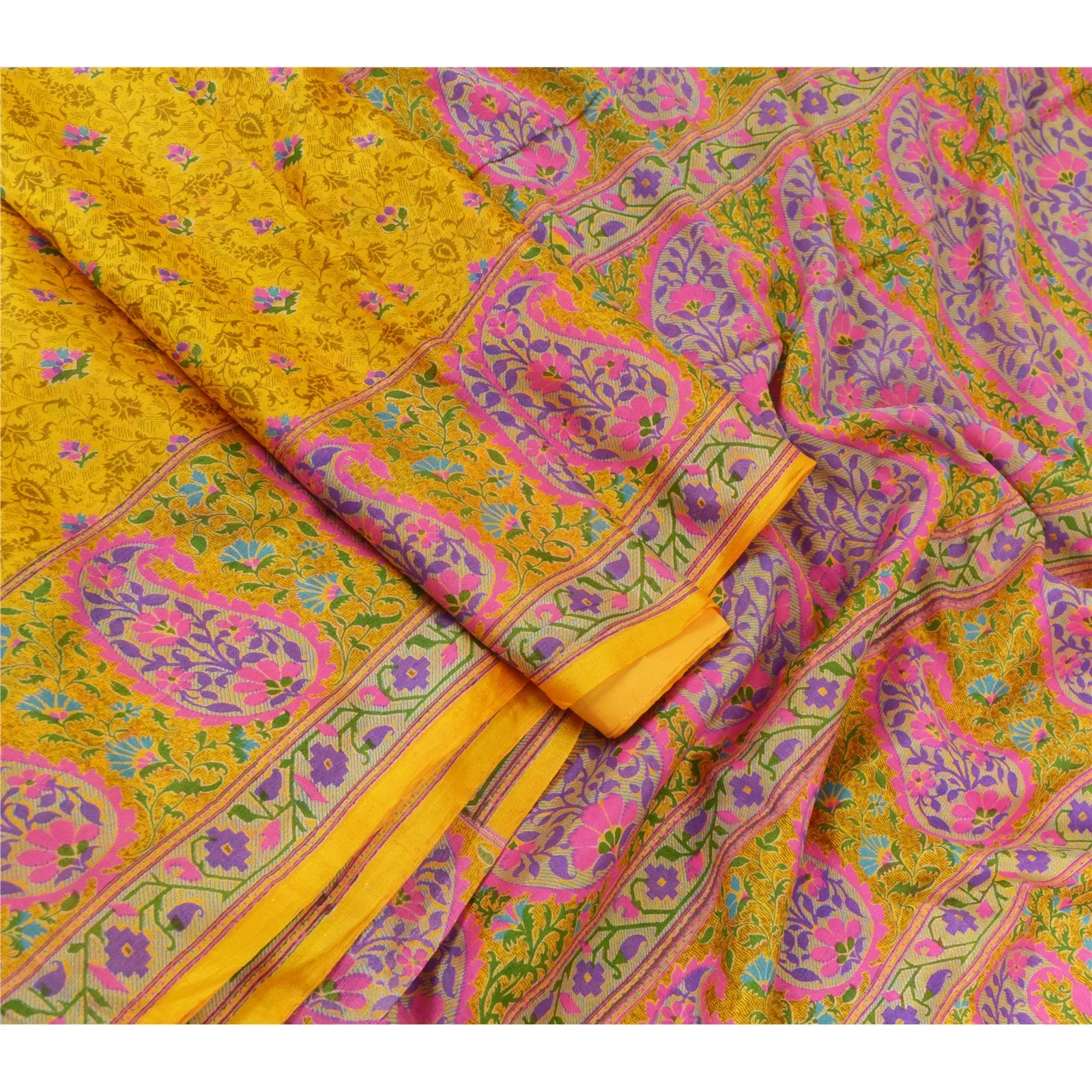 Sanskriti Vintage Sarees Yellow/Pink Pure Silk Printed Sari Floral Craft Fabric