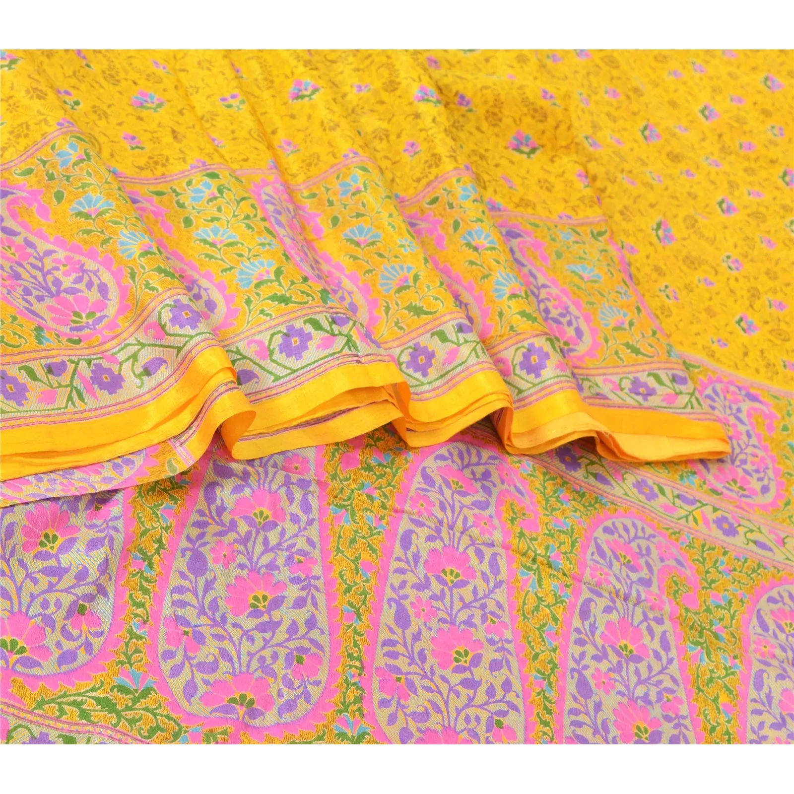 Sanskriti Vintage Sarees Yellow/Pink Pure Silk Printed Sari Floral Craft Fabric