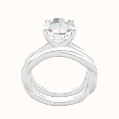 Solitaire Rope Engagement Ring With V Prong with Hidden Halo Head and Matching Band