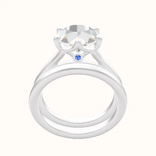 Split Cathedral Engagement Ring With Crown Six Prong w. accent Diamond Head and Matching Band