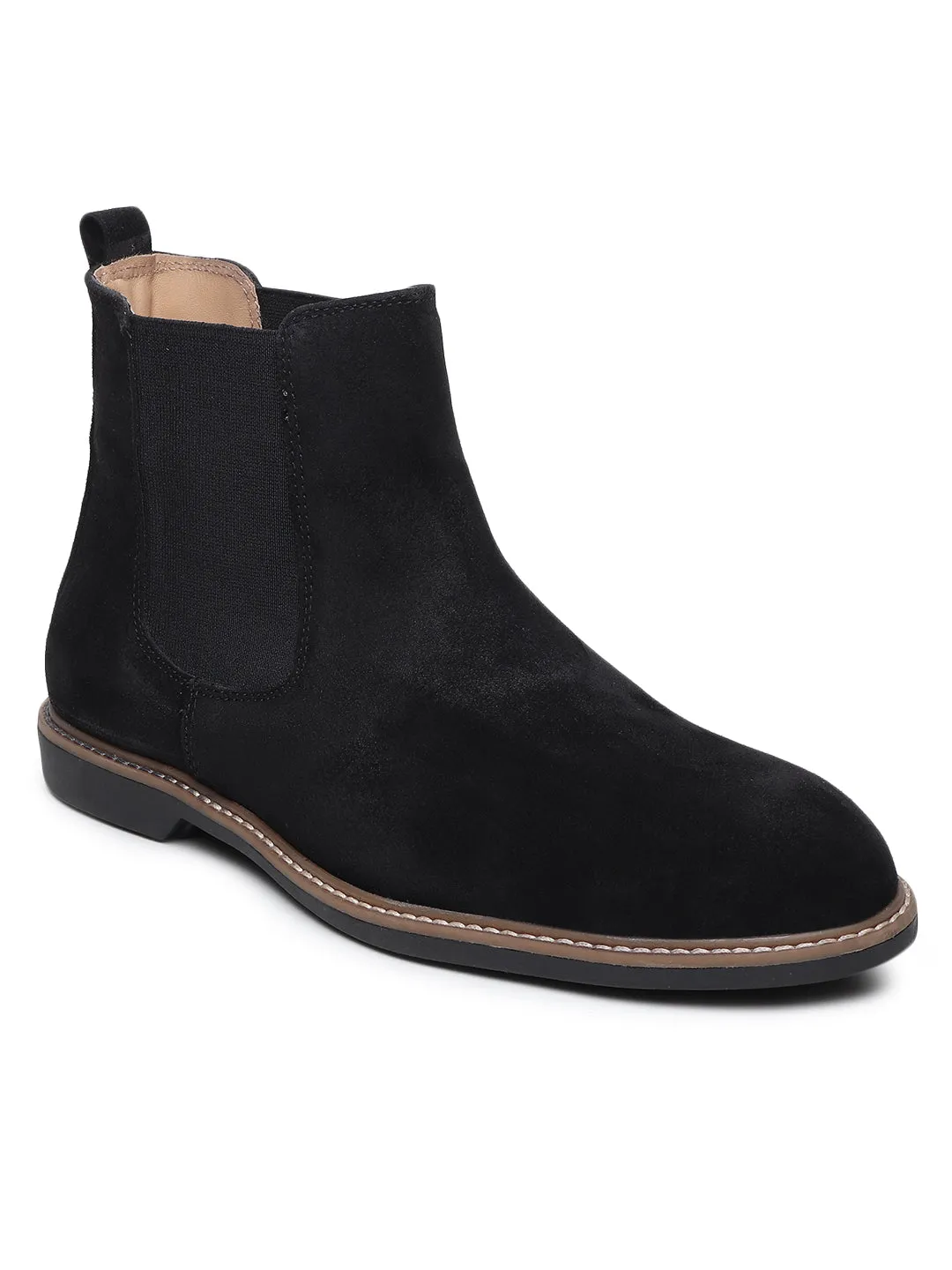 Teakwood Men Black Solid Round Toe Suede Mid-Top Chalsea Boot