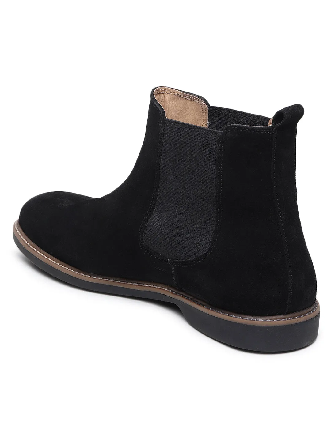 Teakwood Men Black Solid Round Toe Suede Mid-Top Chalsea Boot