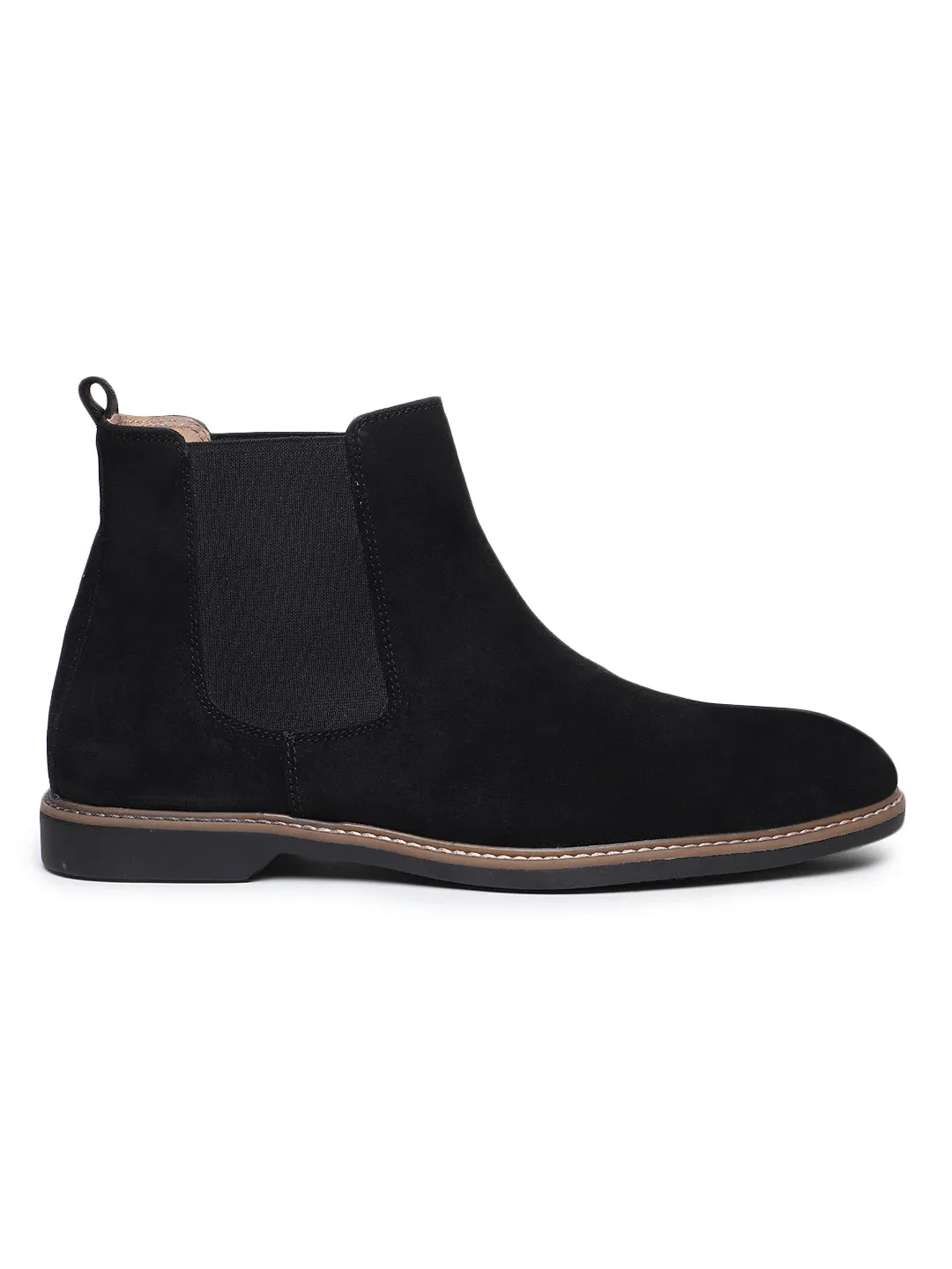 Teakwood Men Black Solid Round Toe Suede Mid-Top Chalsea Boot