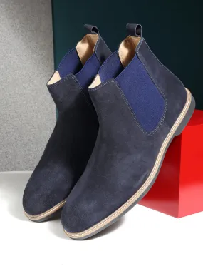 Teakwood Men Blue Solid Round Toe Suede Mid-Top Chalsea Boot