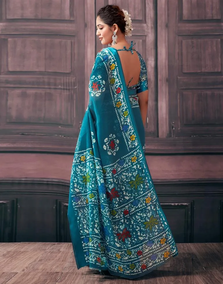 Teal Cotton Printed Sarees