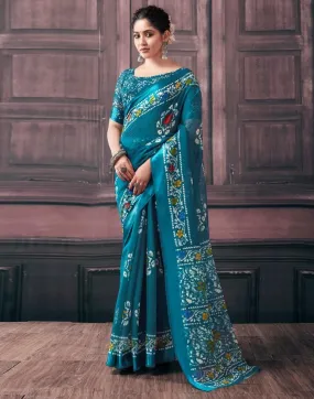 Teal Cotton Printed Sarees