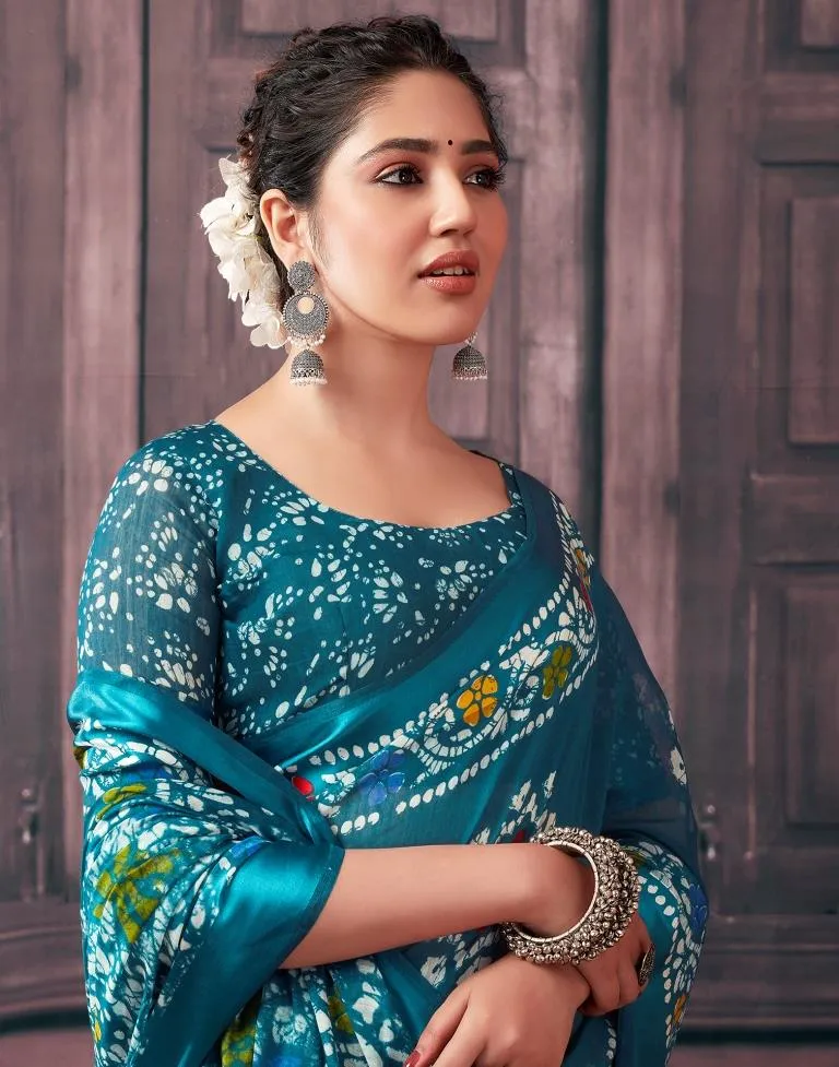 Teal Cotton Printed Sarees