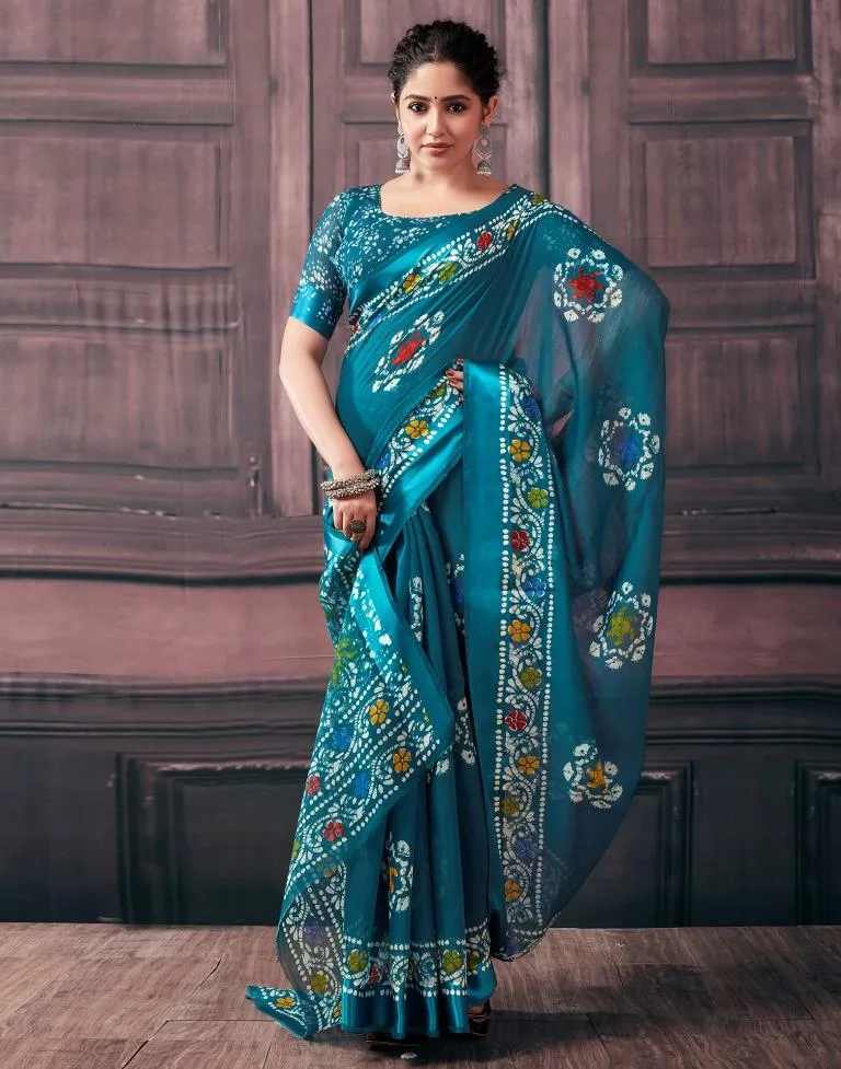 Teal Cotton Printed Sarees