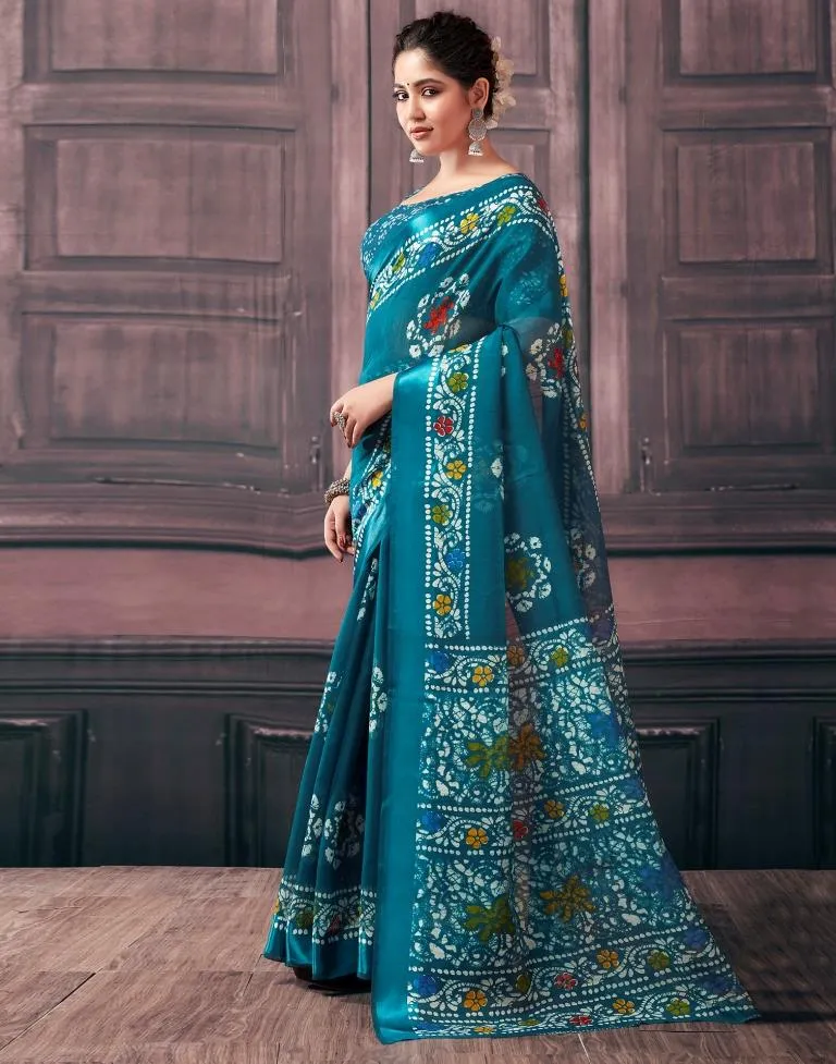 Teal Cotton Printed Sarees