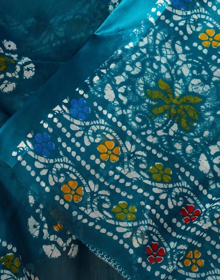 Teal Cotton Printed Sarees