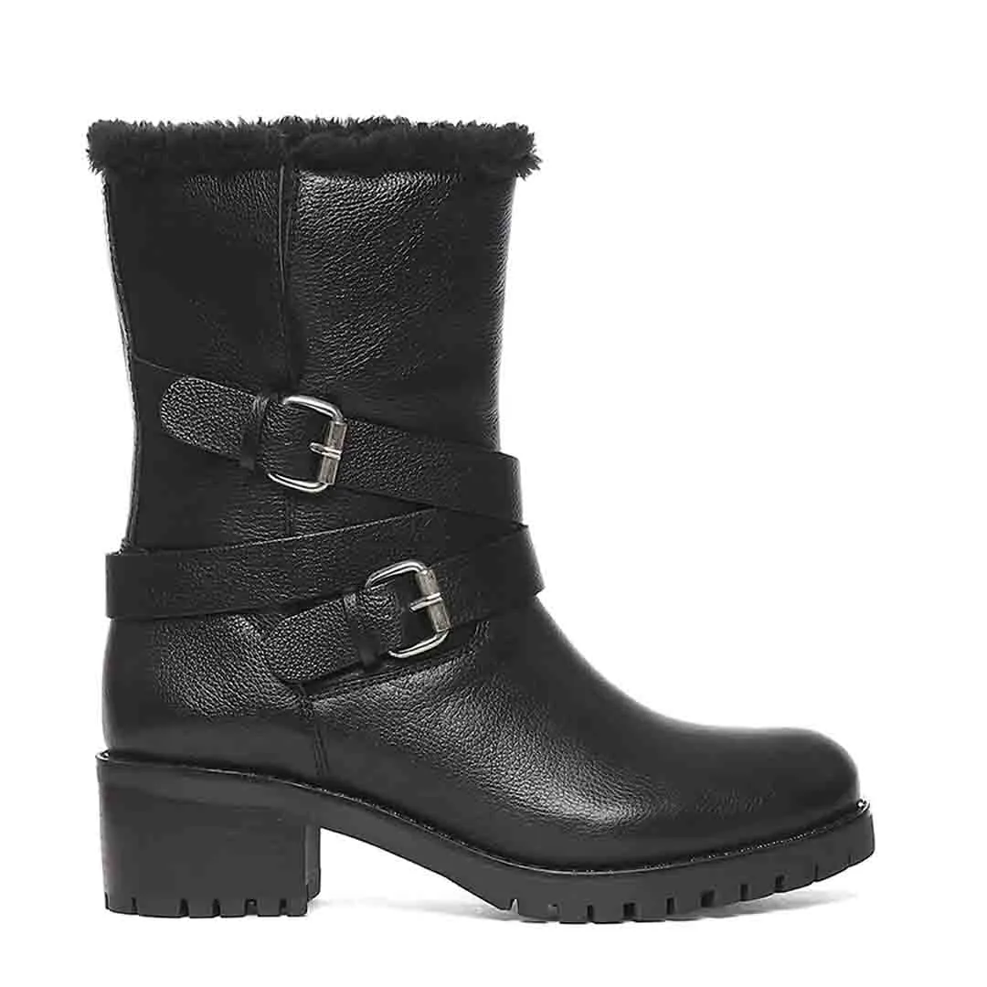 Theresa Buckle Decorative High Ankle Black Leather Boots