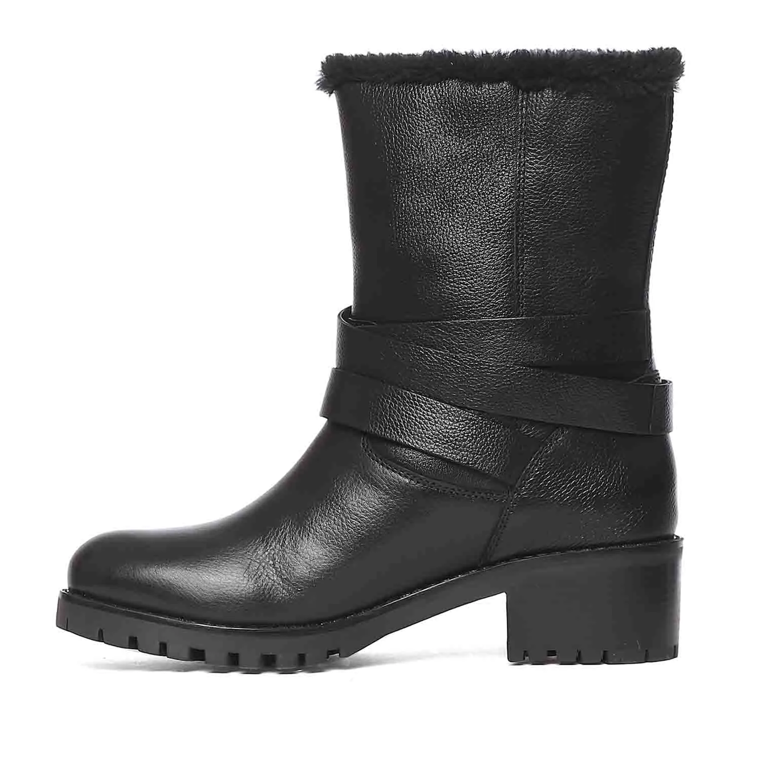 Theresa Buckle Decorative High Ankle Black Leather Boots