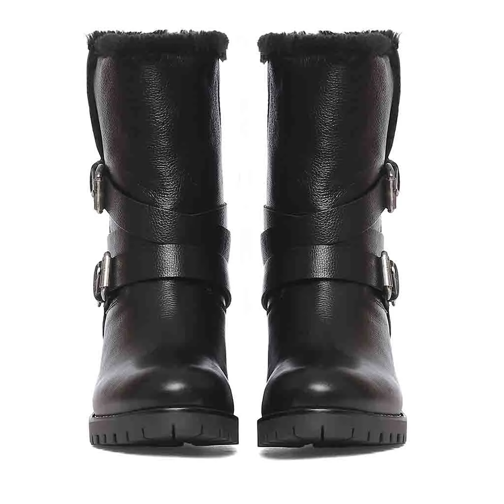 Theresa Buckle Decorative High Ankle Black Leather Boots