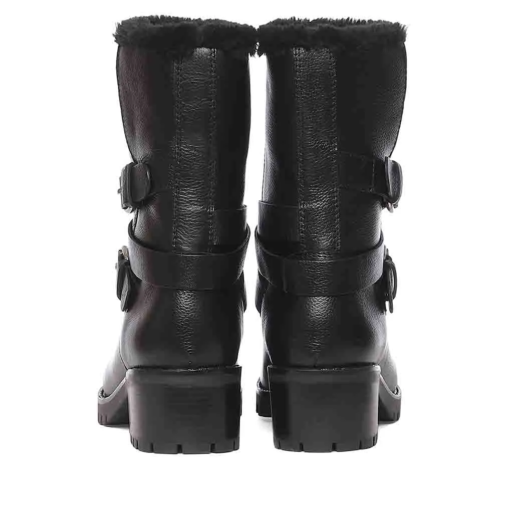 Theresa Buckle Decorative High Ankle Black Leather Boots