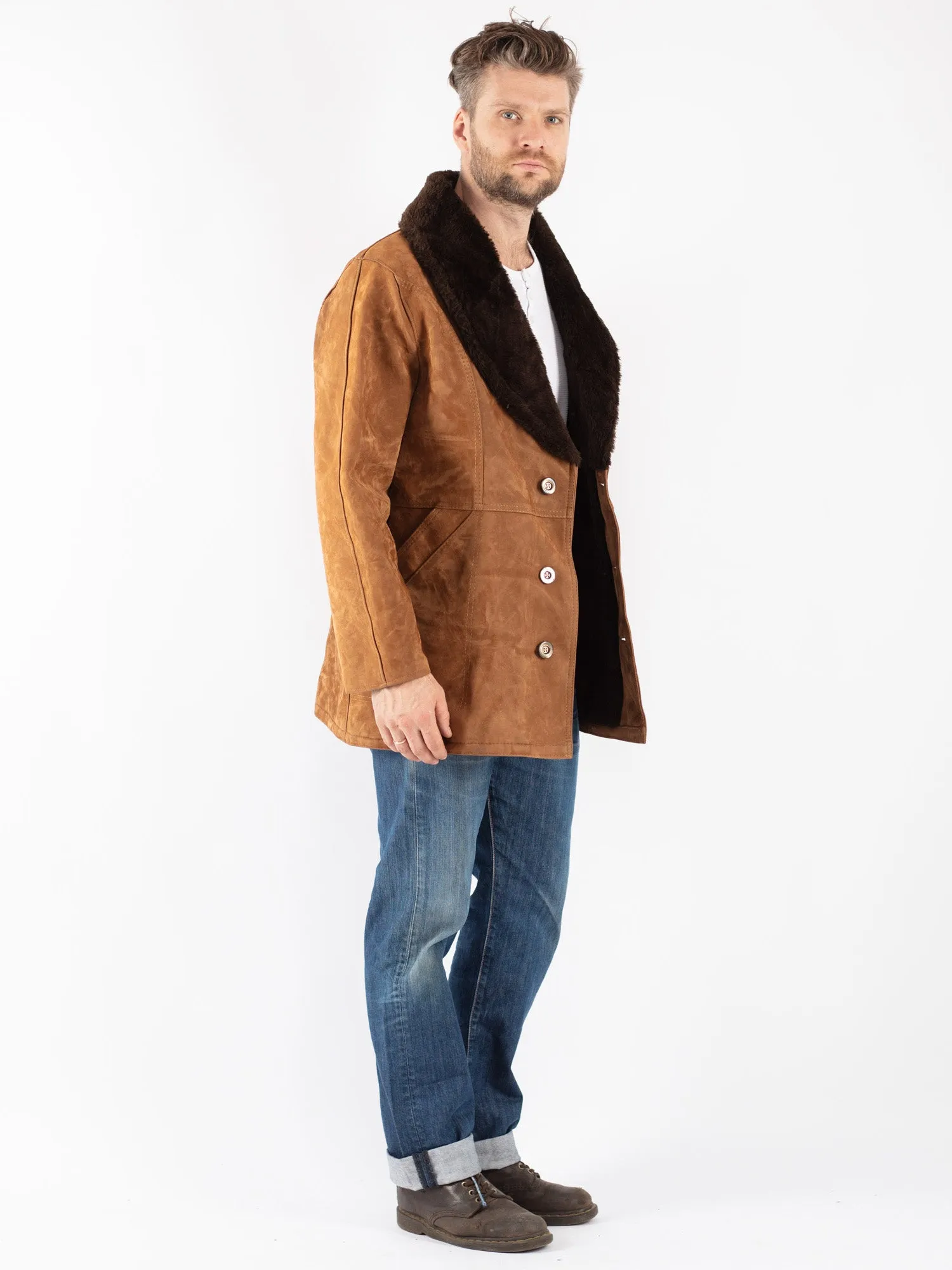 Vintage 70's Men Faux Sheepskin Coat in Brown