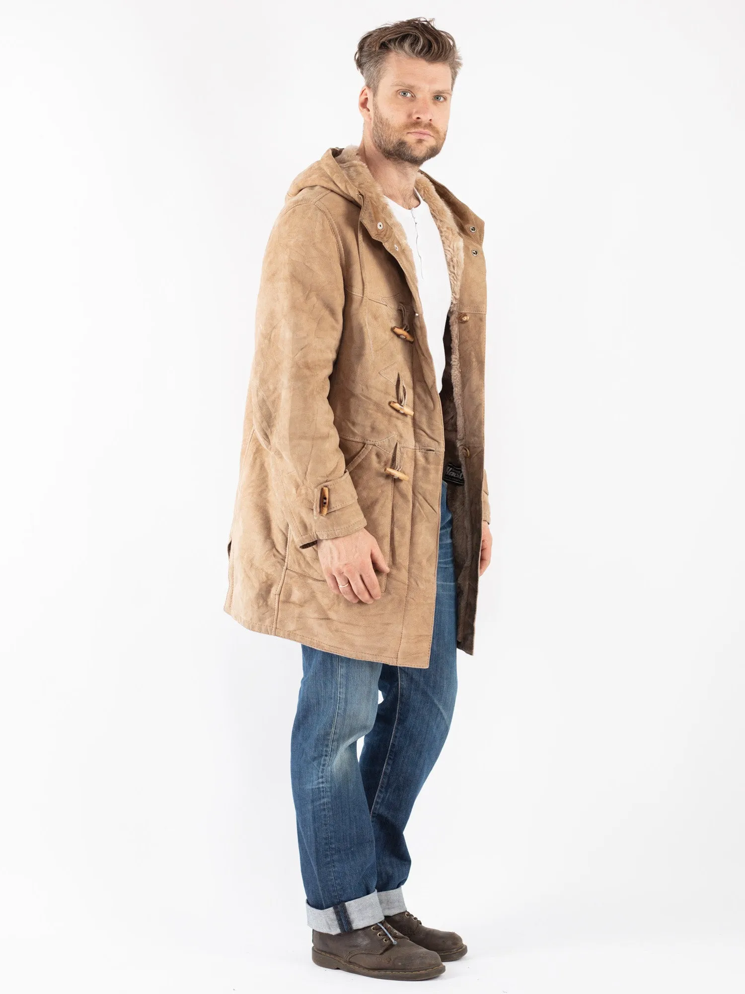 Vintage 70's Men Hooded Sheepskin Coat in Beige