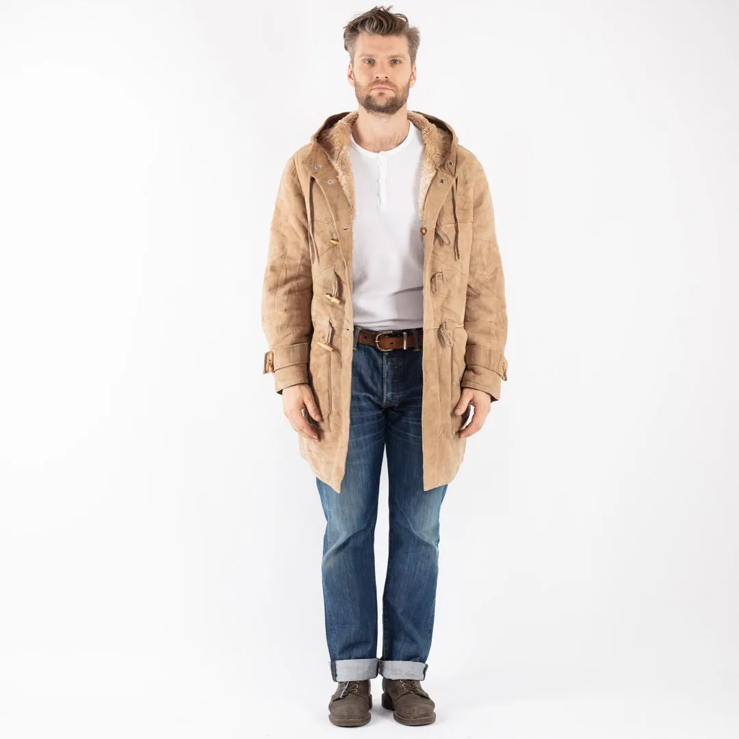 Vintage 70's Men Hooded Sheepskin Coat in Beige