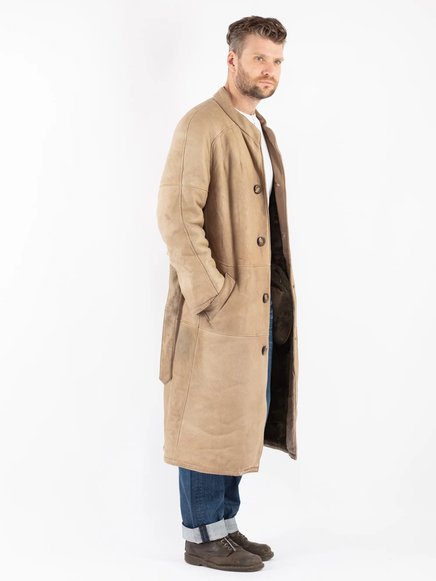 Vintage 70's Men Sheepskin Long Coat in Beige