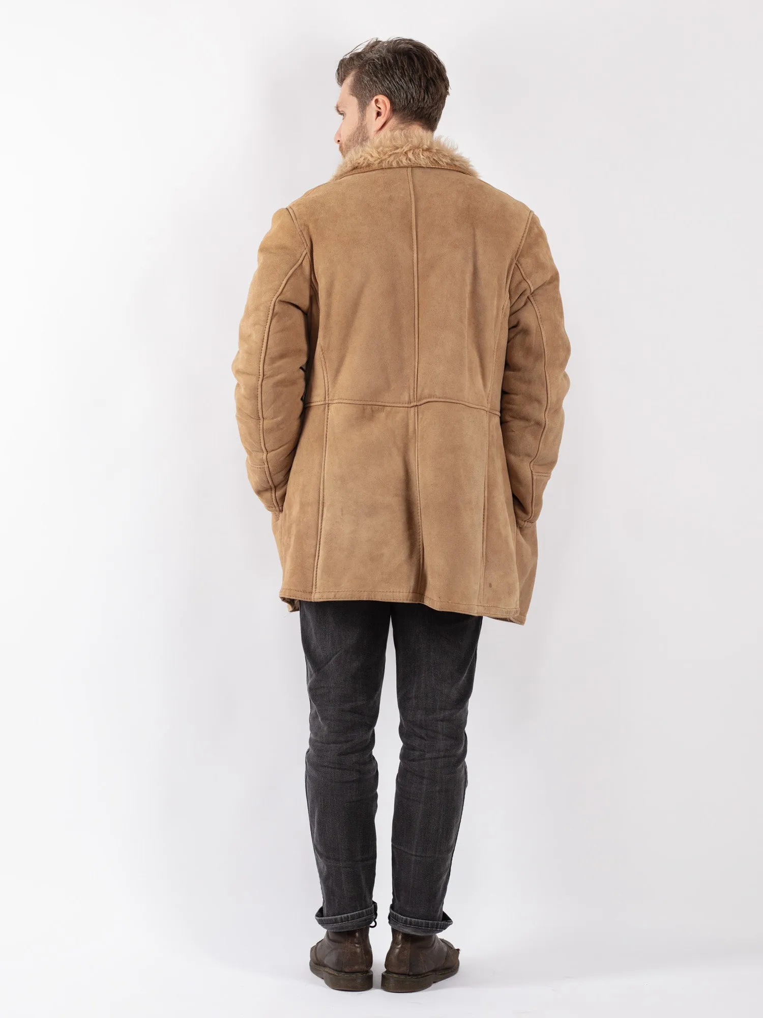 Vintage 70's Men Sheepskin Shearling Coat in Beige