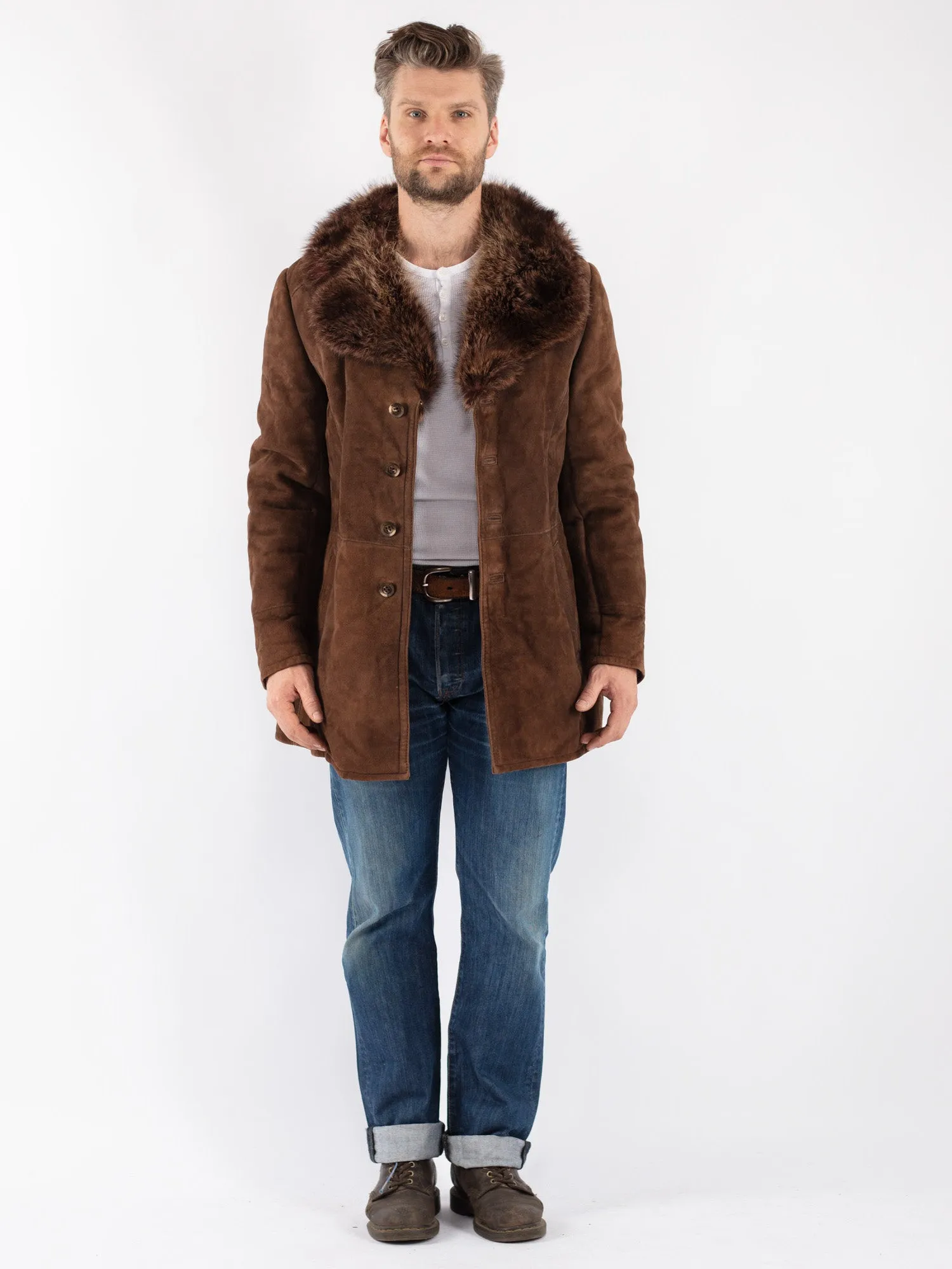 Vintage 70's Men Sheepskin Shearling Coat in Brown