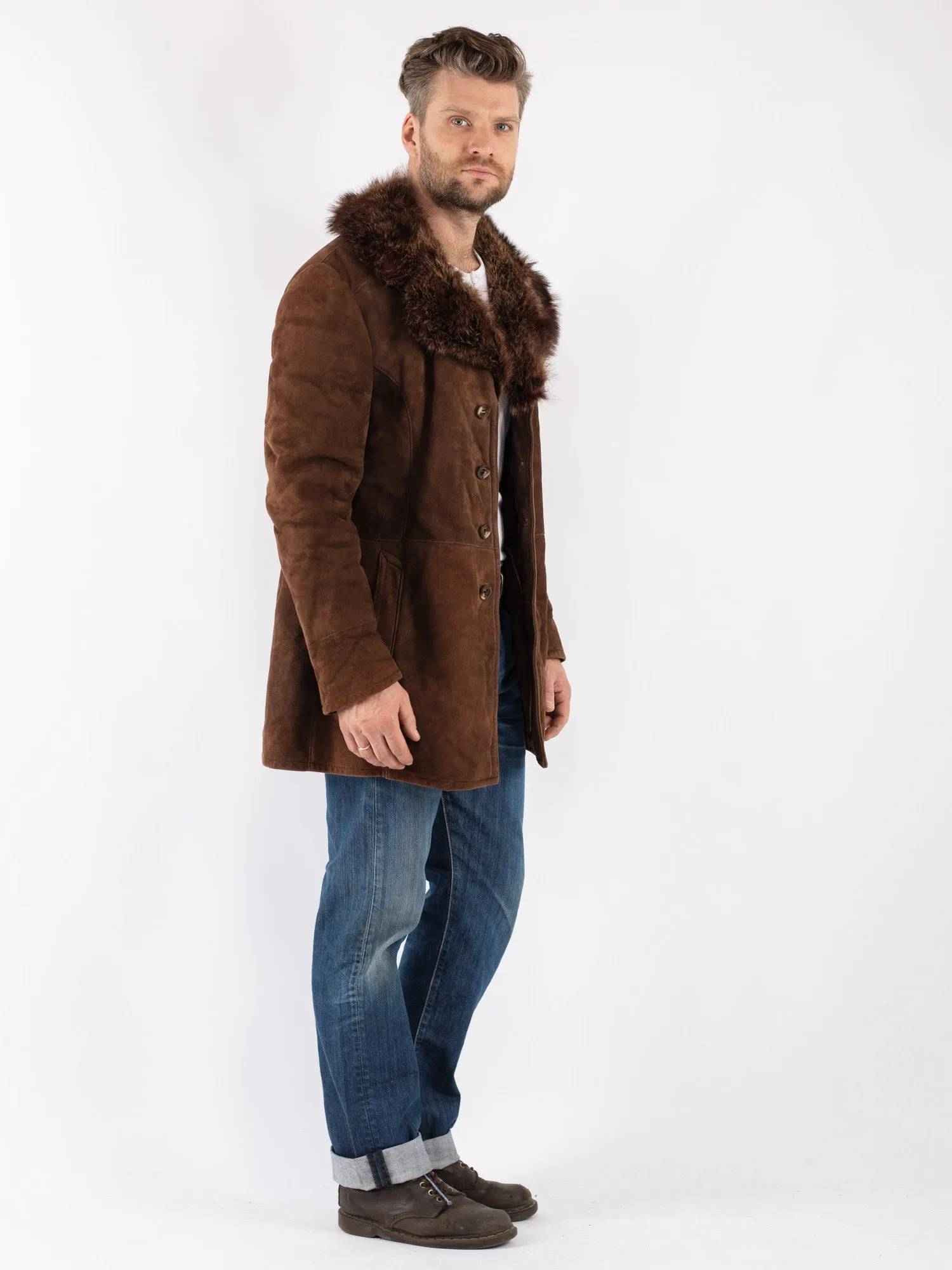 Vintage 70's Men Sheepskin Shearling Coat in Brown