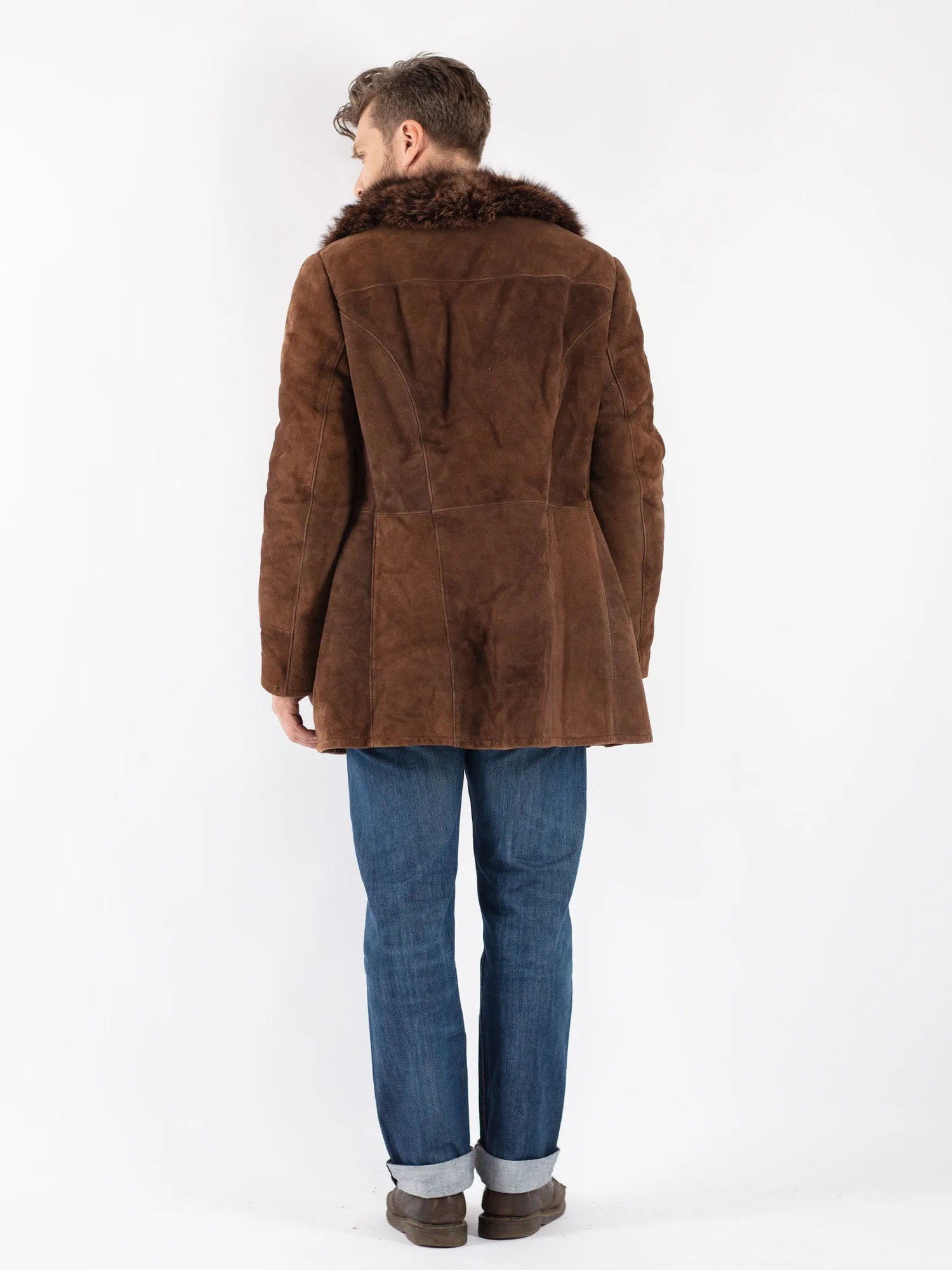 Vintage 70's Men Sheepskin Shearling Coat in Brown