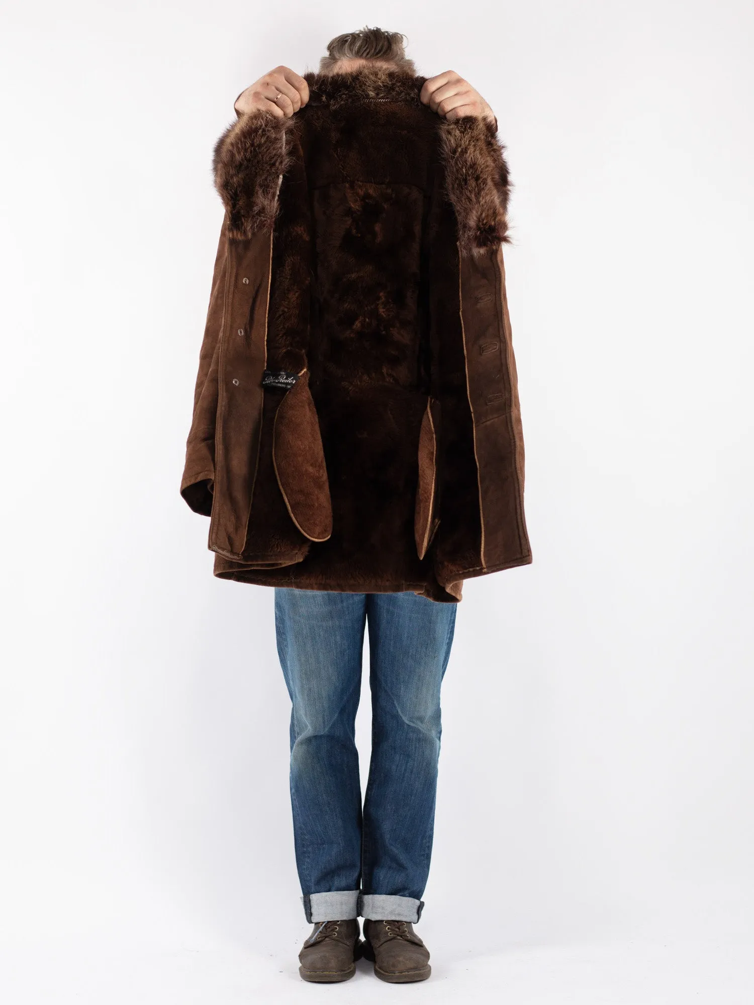 Vintage 70's Men Sheepskin Shearling Coat in Brown