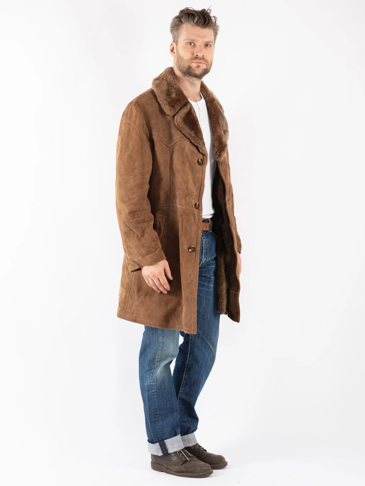 Vintage 70's Men Suede Sherpa Coat in Beige