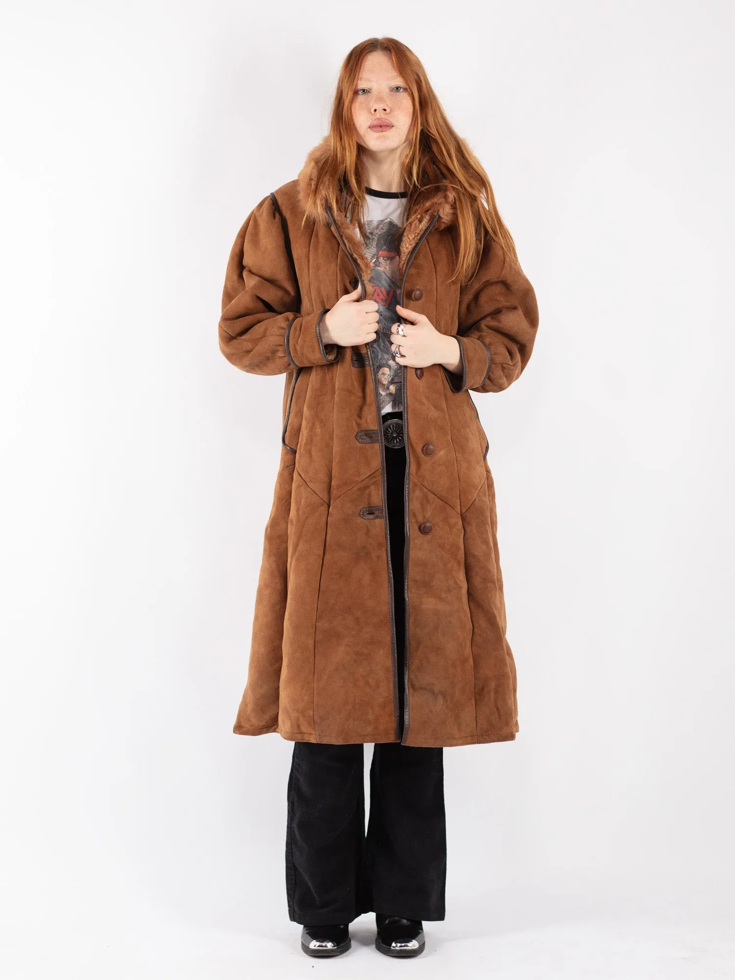 Vintage 70's Women Hooded Sheepskin Coat in Brown