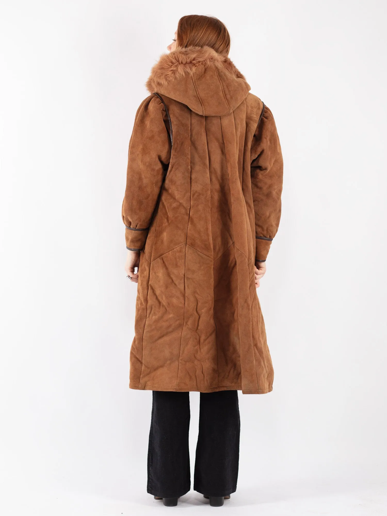 Vintage 70's Women Hooded Sheepskin Coat in Brown