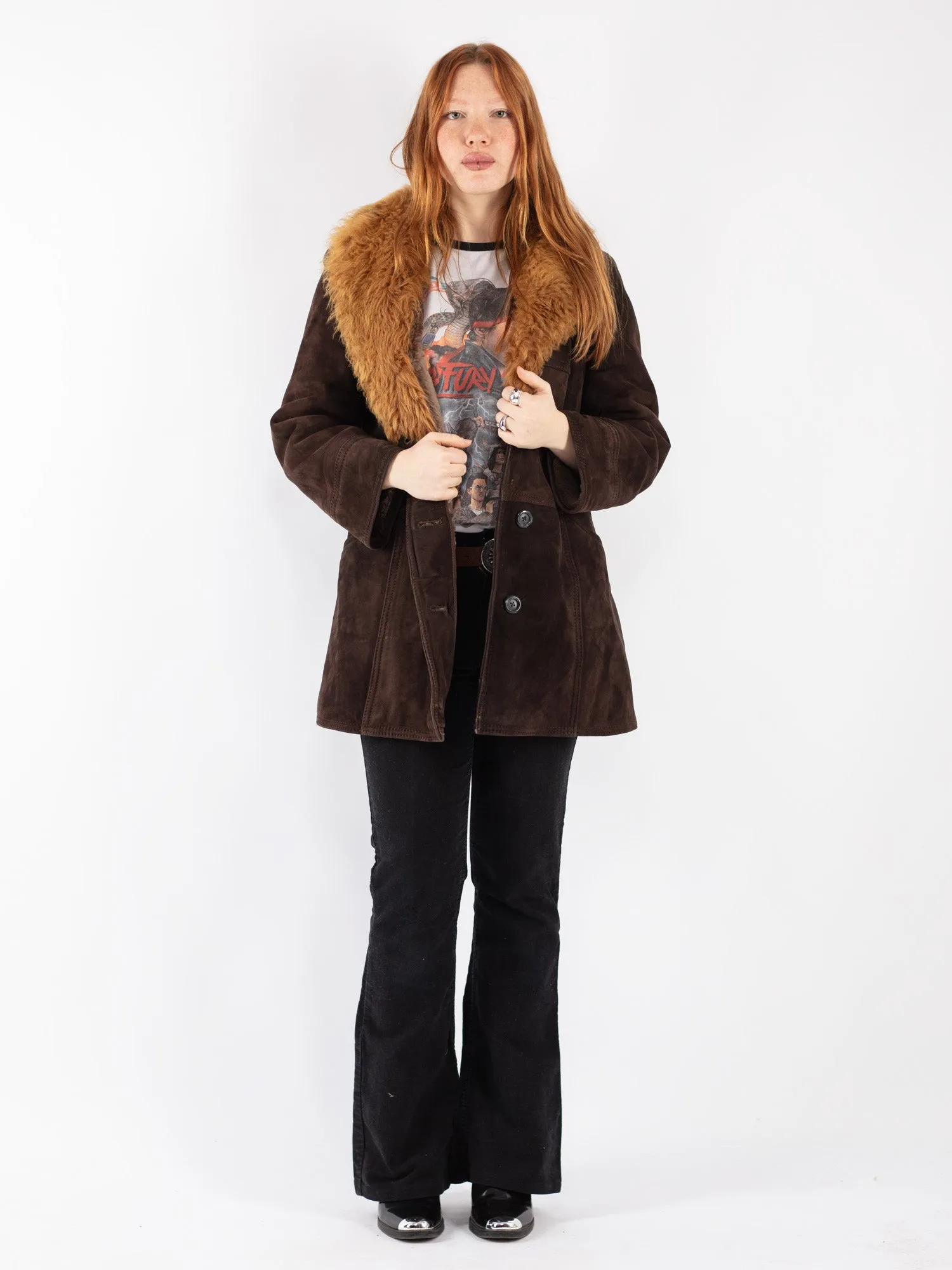 Vintage 70's Women Sheepskin Shearling Coat in Brown