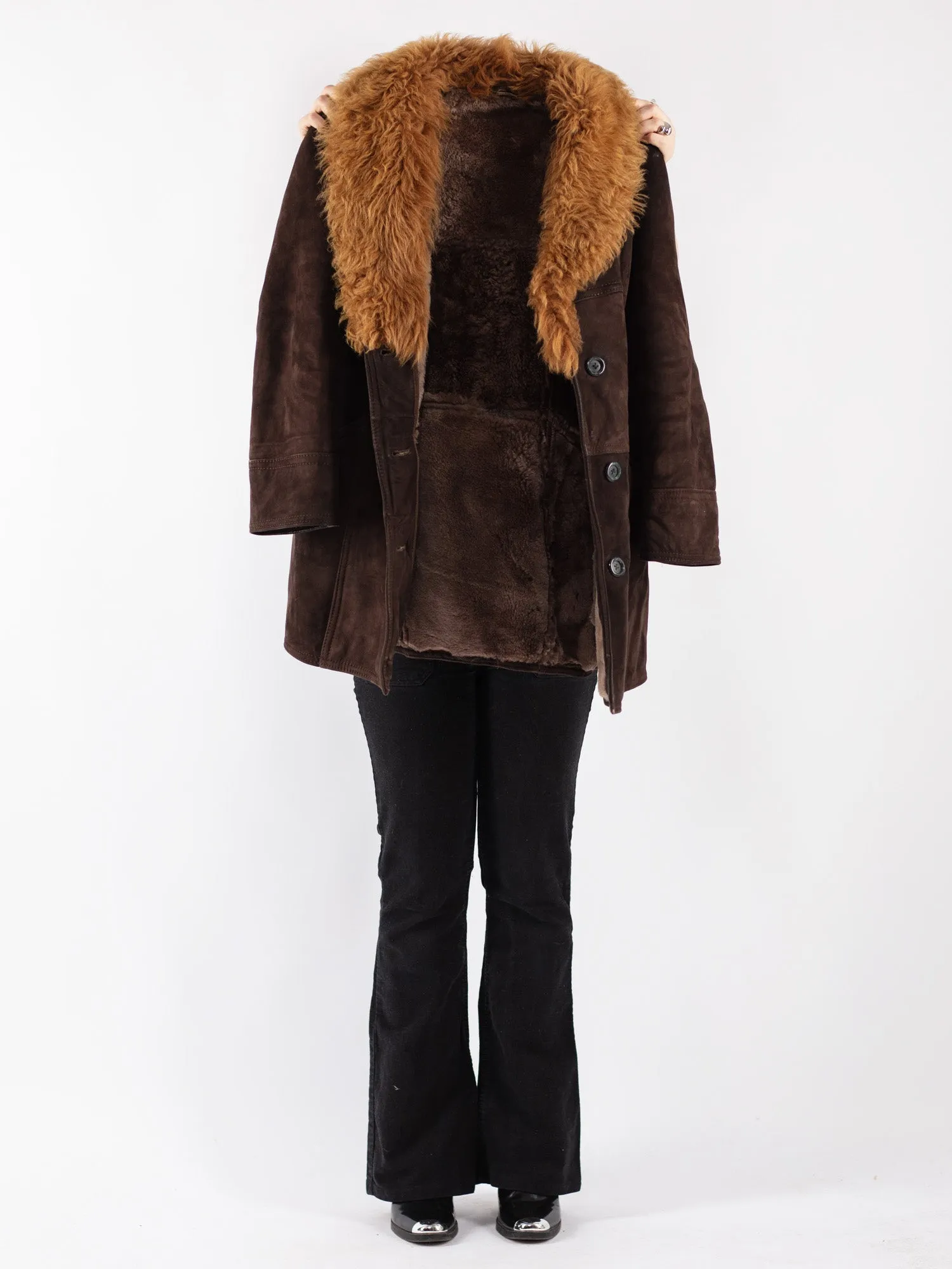 Vintage 70's Women Sheepskin Shearling Coat in Brown