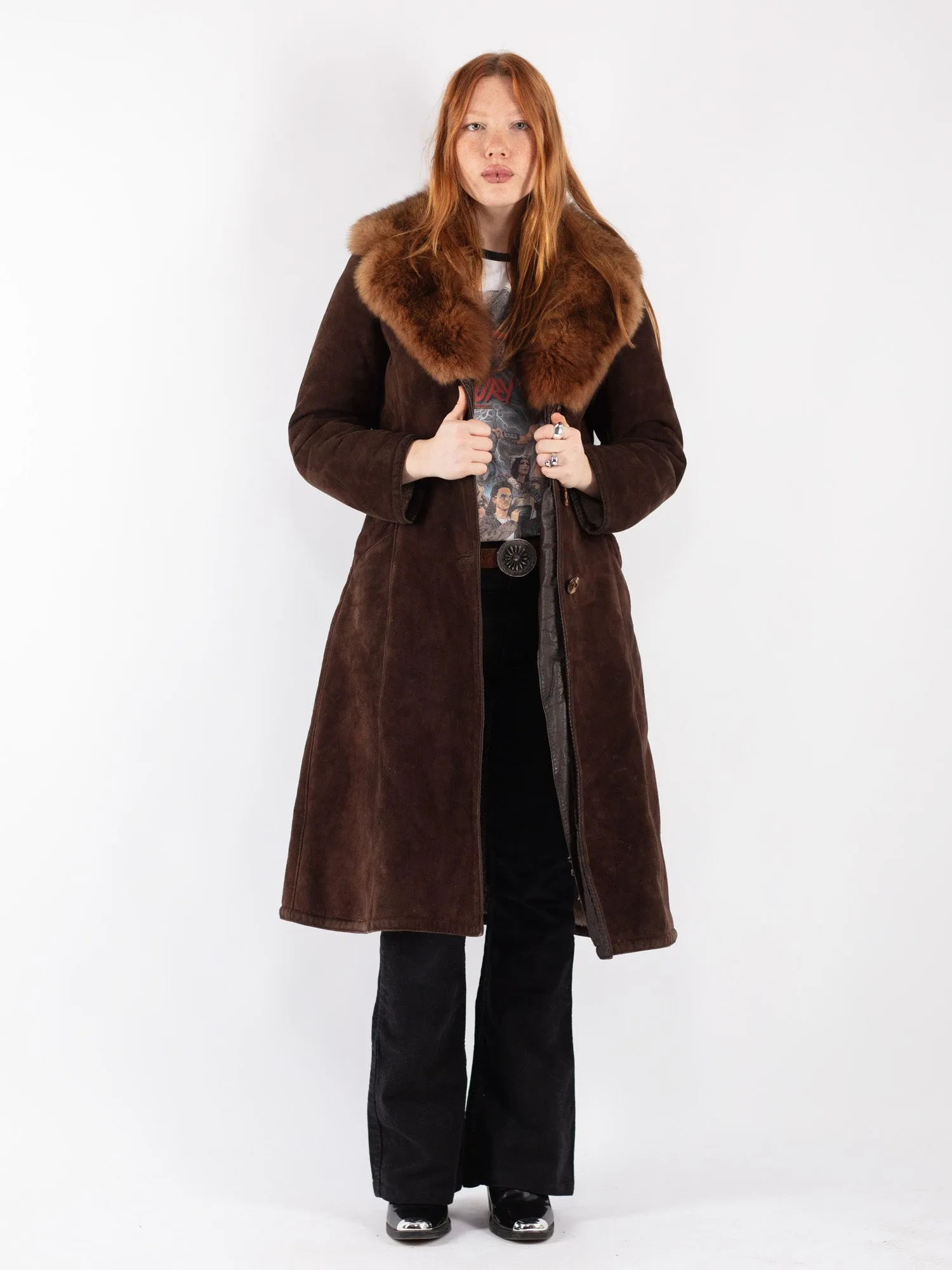 Vintage 70's Women Sheepskin Shearling Long Coat in Brown