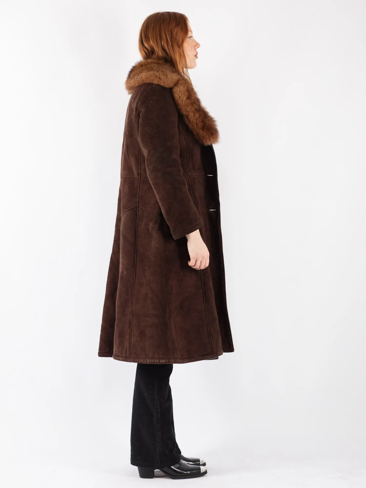 Vintage 70's Women Sheepskin Shearling Long Coat in Brown