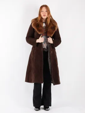 Vintage 70's Women Sheepskin Shearling Long Coat in Brown