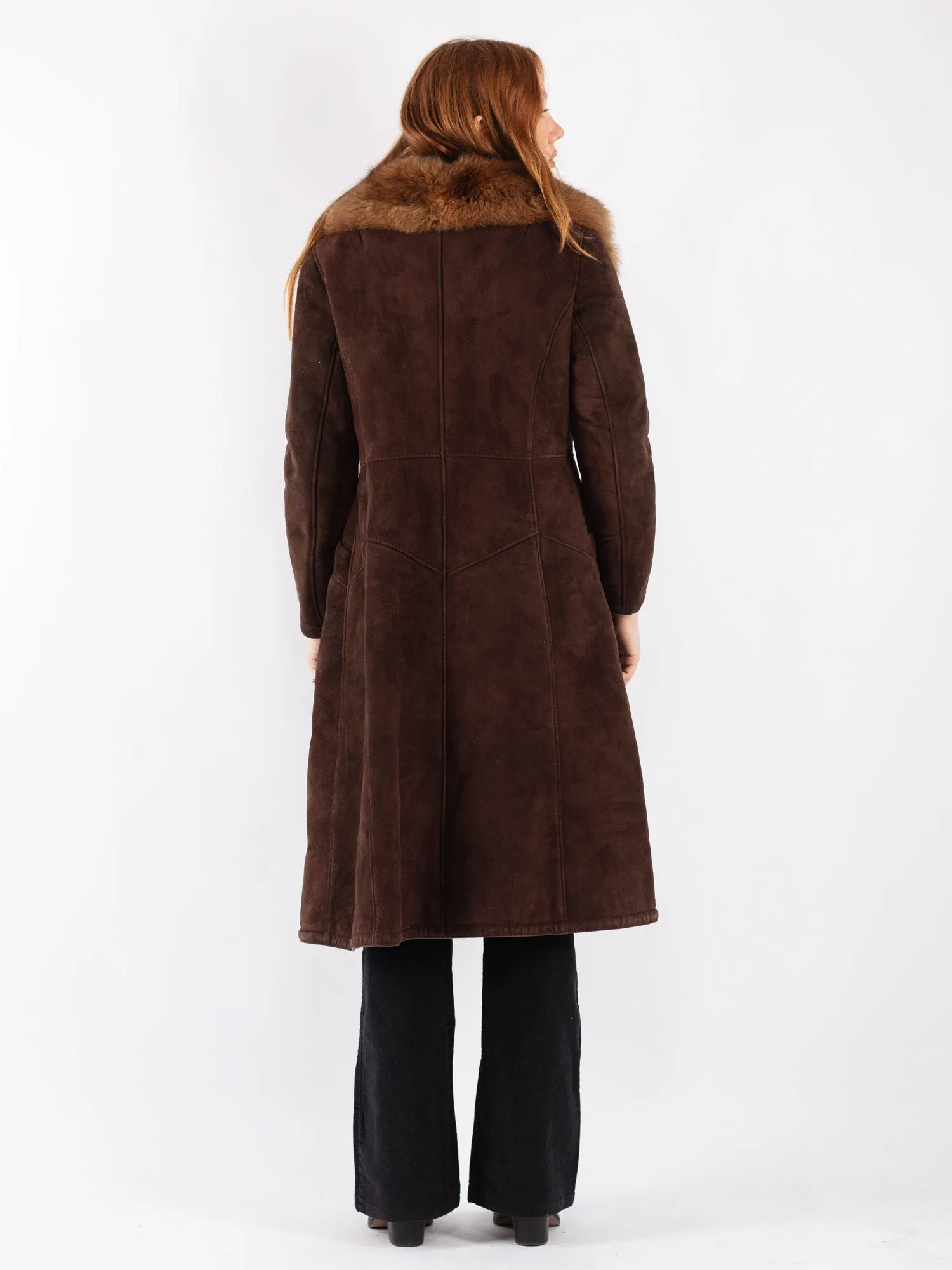 Vintage 70's Women Sheepskin Shearling Long Coat in Brown