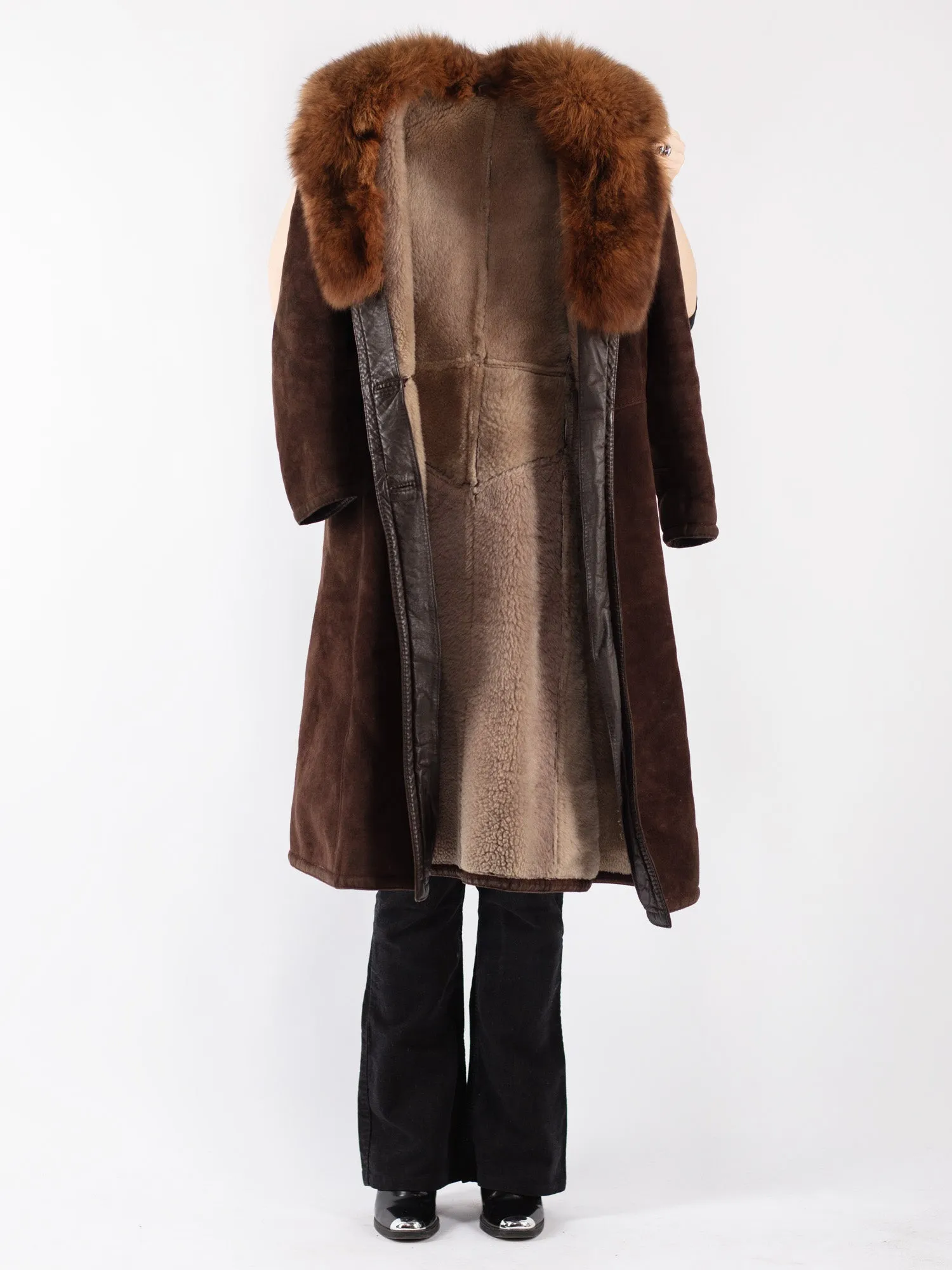 Vintage 70's Women Sheepskin Shearling Long Coat in Brown