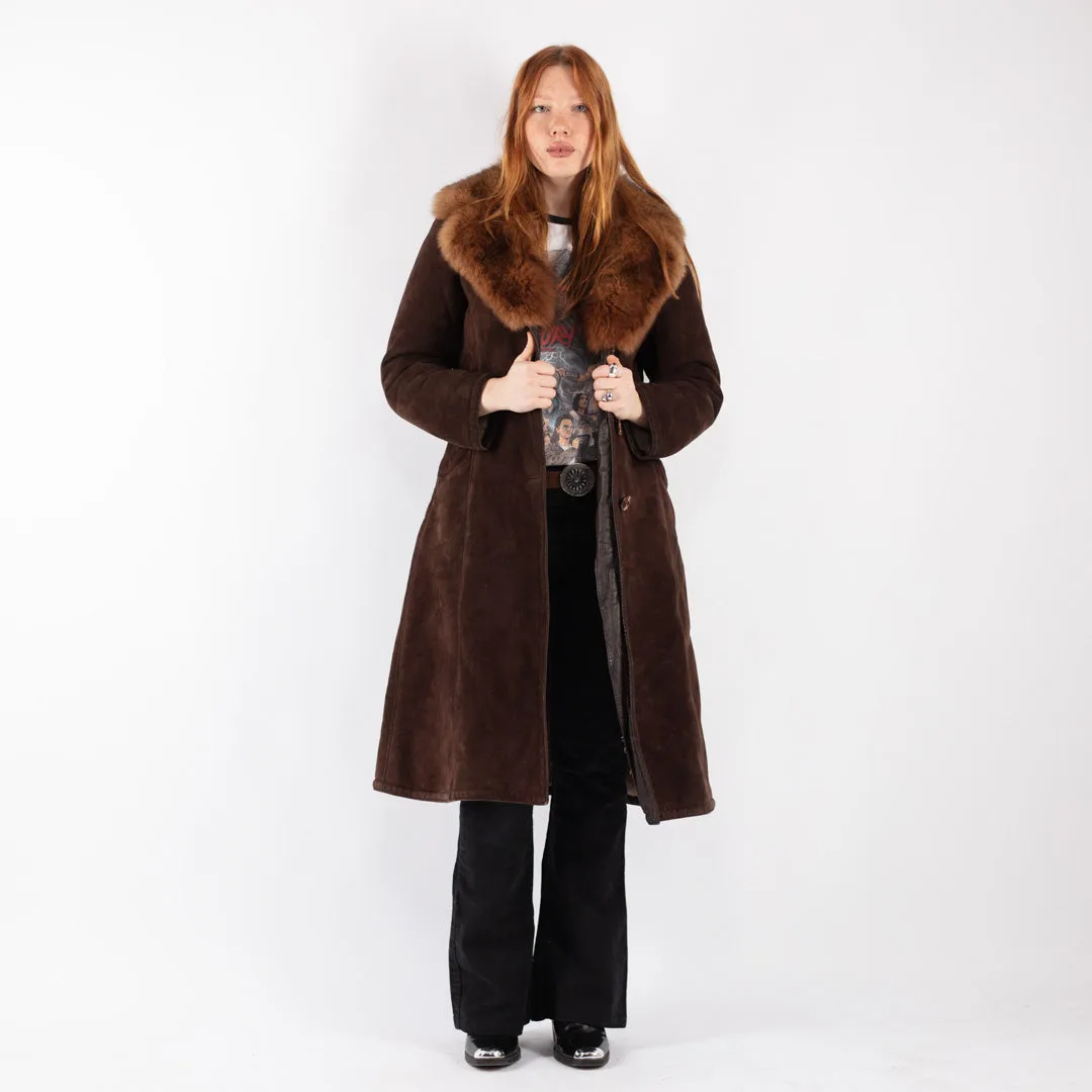 Vintage 70's Women Sheepskin Shearling Long Coat in Brown