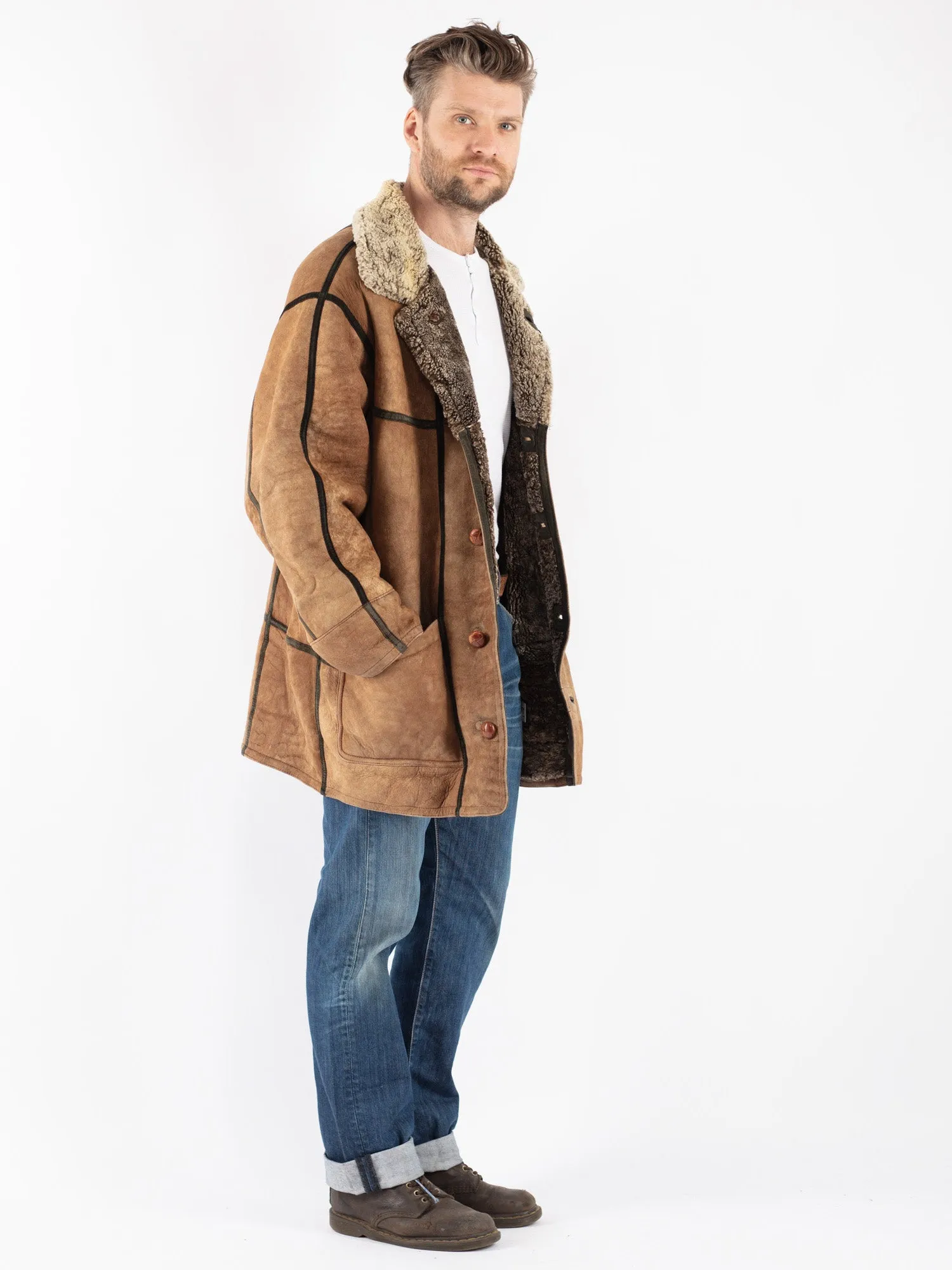 Vintage 80's Men Sheepskin Coat in Beige