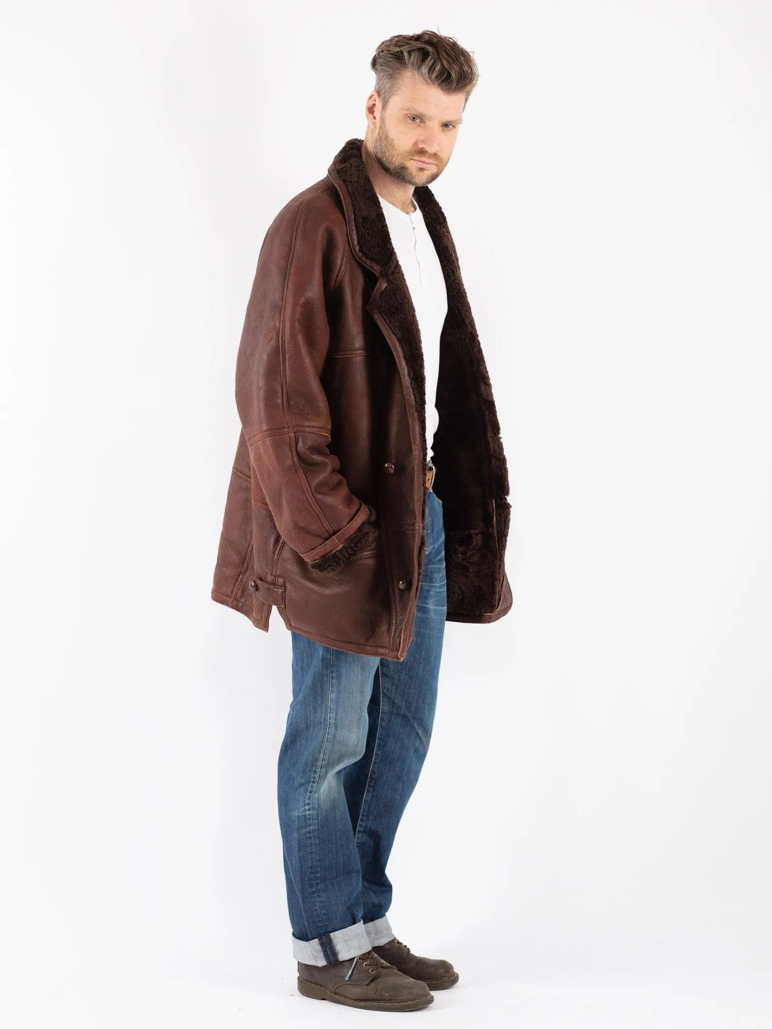 Vintage 80's Men Sheepskin Shearling Coat in Brown