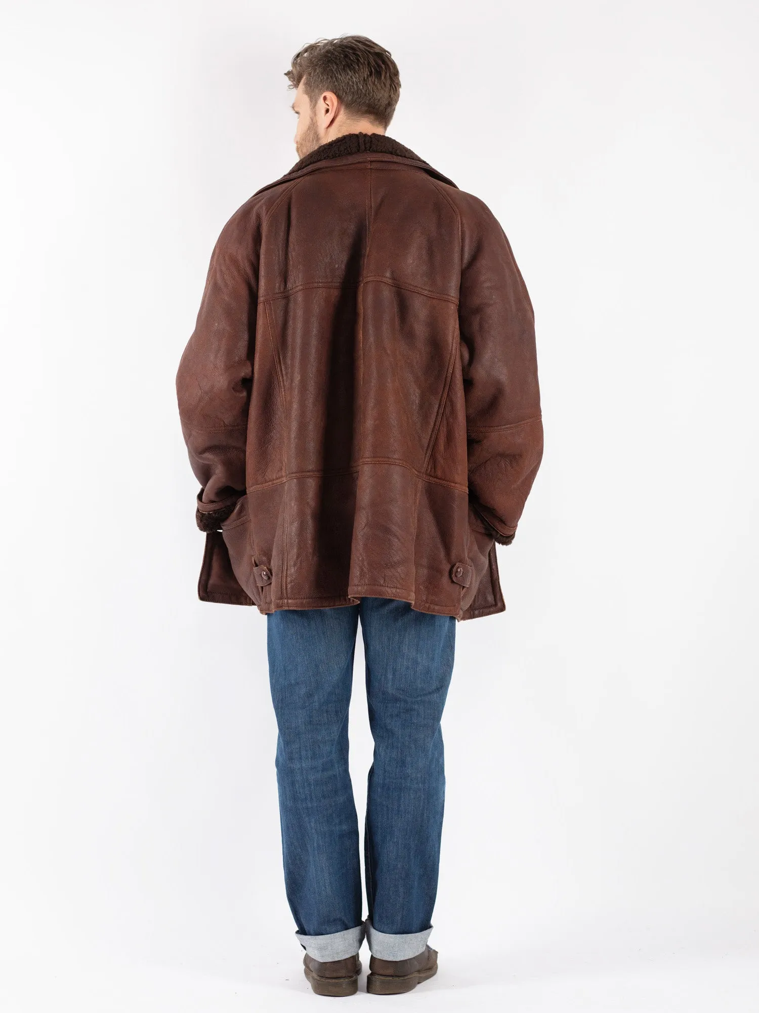 Vintage 80's Men Sheepskin Shearling Coat in Brown