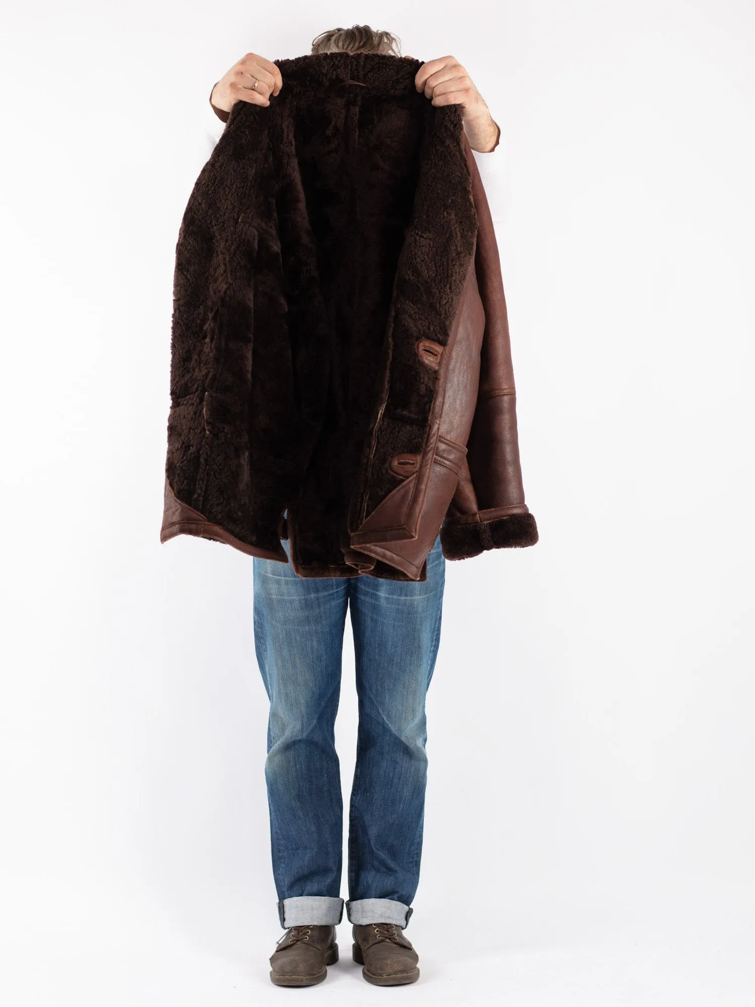 Vintage 80's Men Sheepskin Shearling Coat in Brown