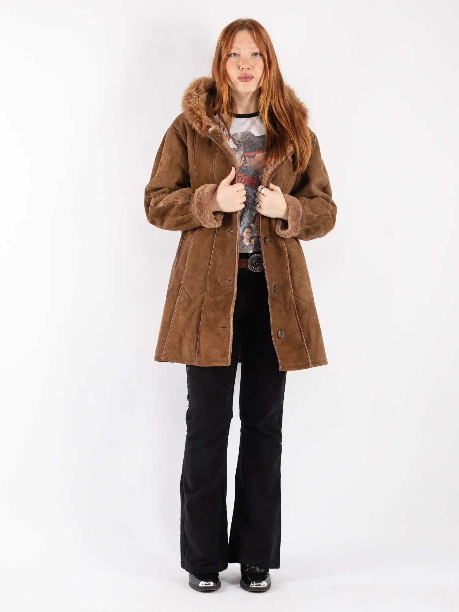 Vintage 80's Women Hooded Sheepskin Coat in Brown