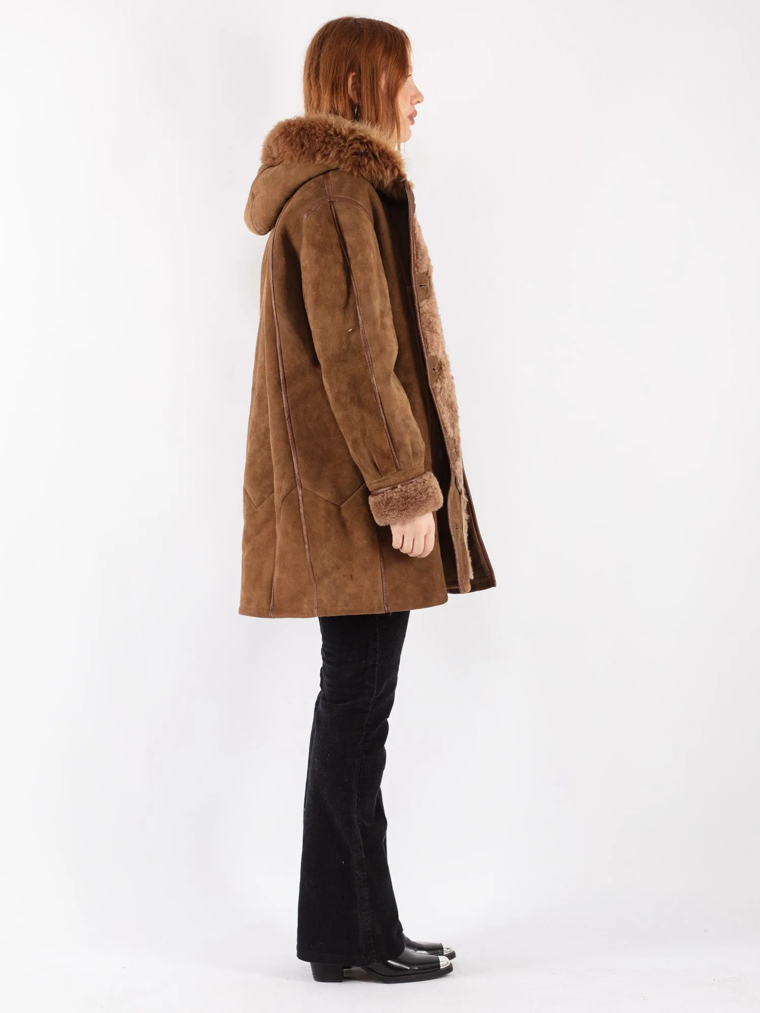 Vintage 80's Women Hooded Sheepskin Coat in Brown