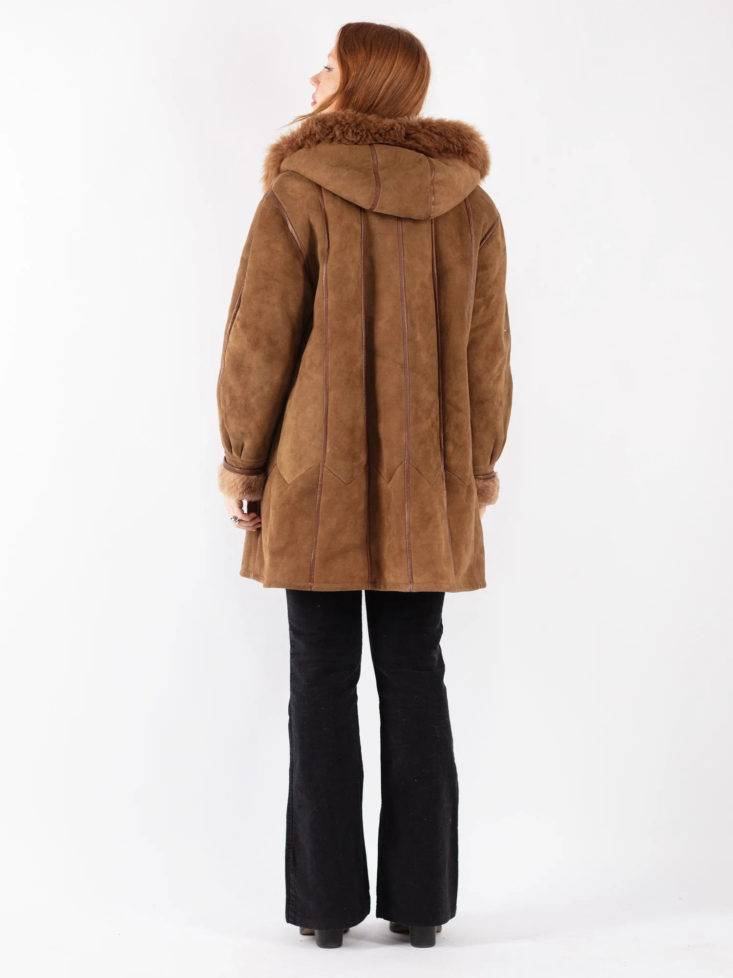 Vintage 80's Women Hooded Sheepskin Coat in Brown