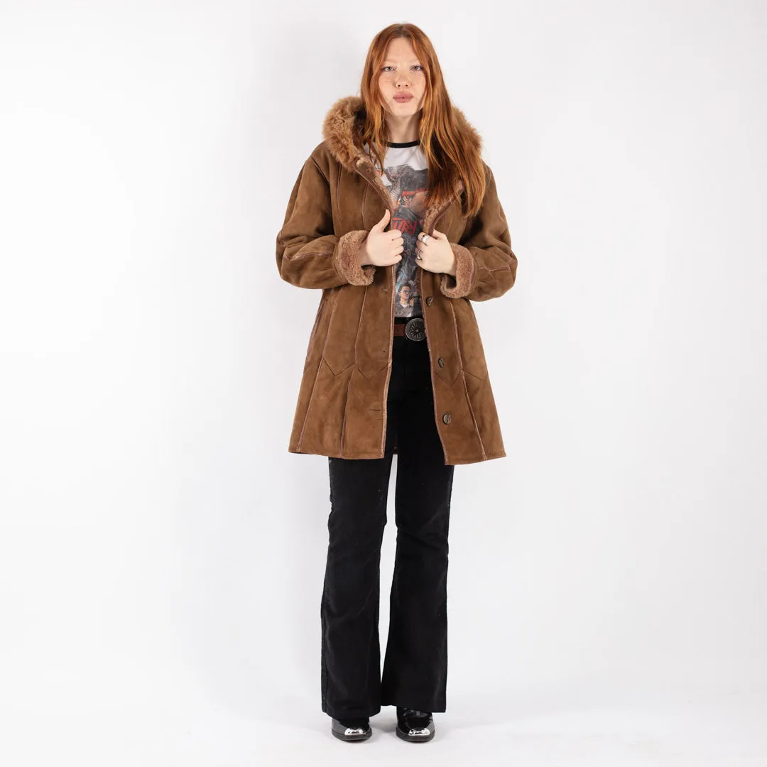 Vintage 80's Women Hooded Sheepskin Coat in Brown