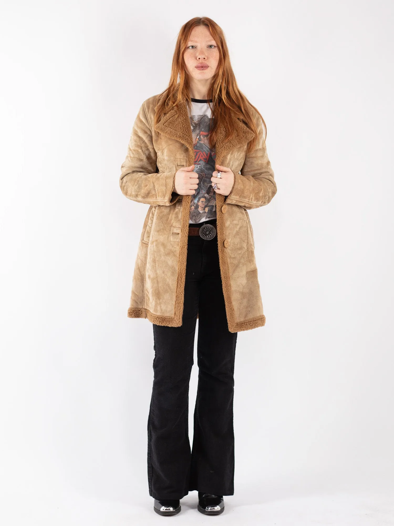 Vintage 90's Women Faux Sheepskin Coat in Beige