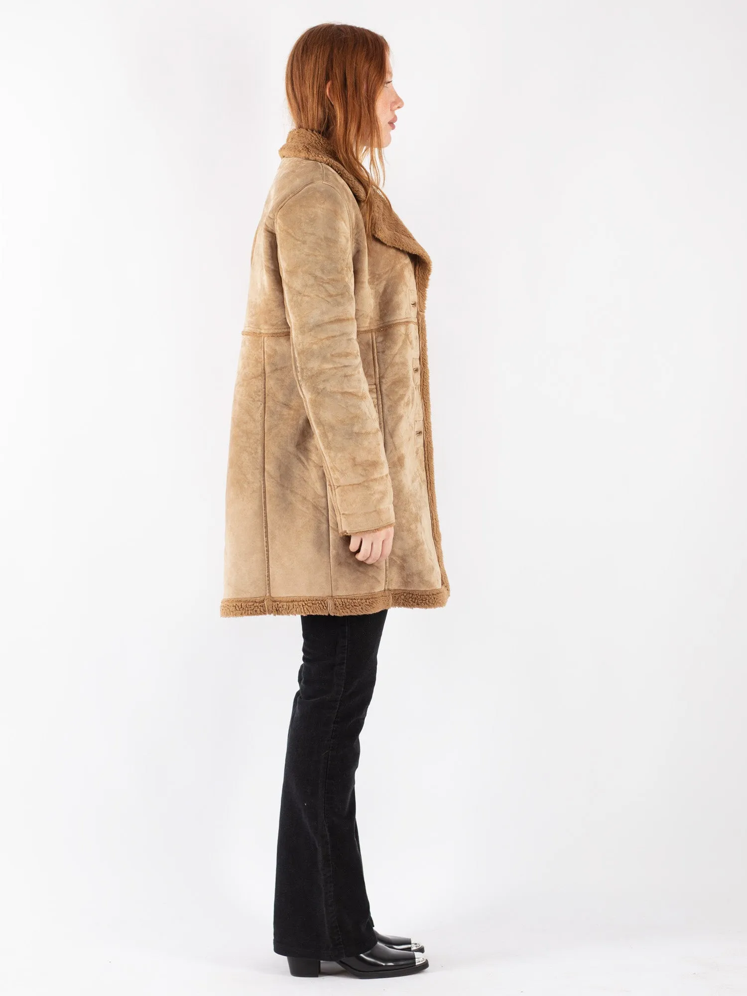 Vintage 90's Women Faux Sheepskin Coat in Beige