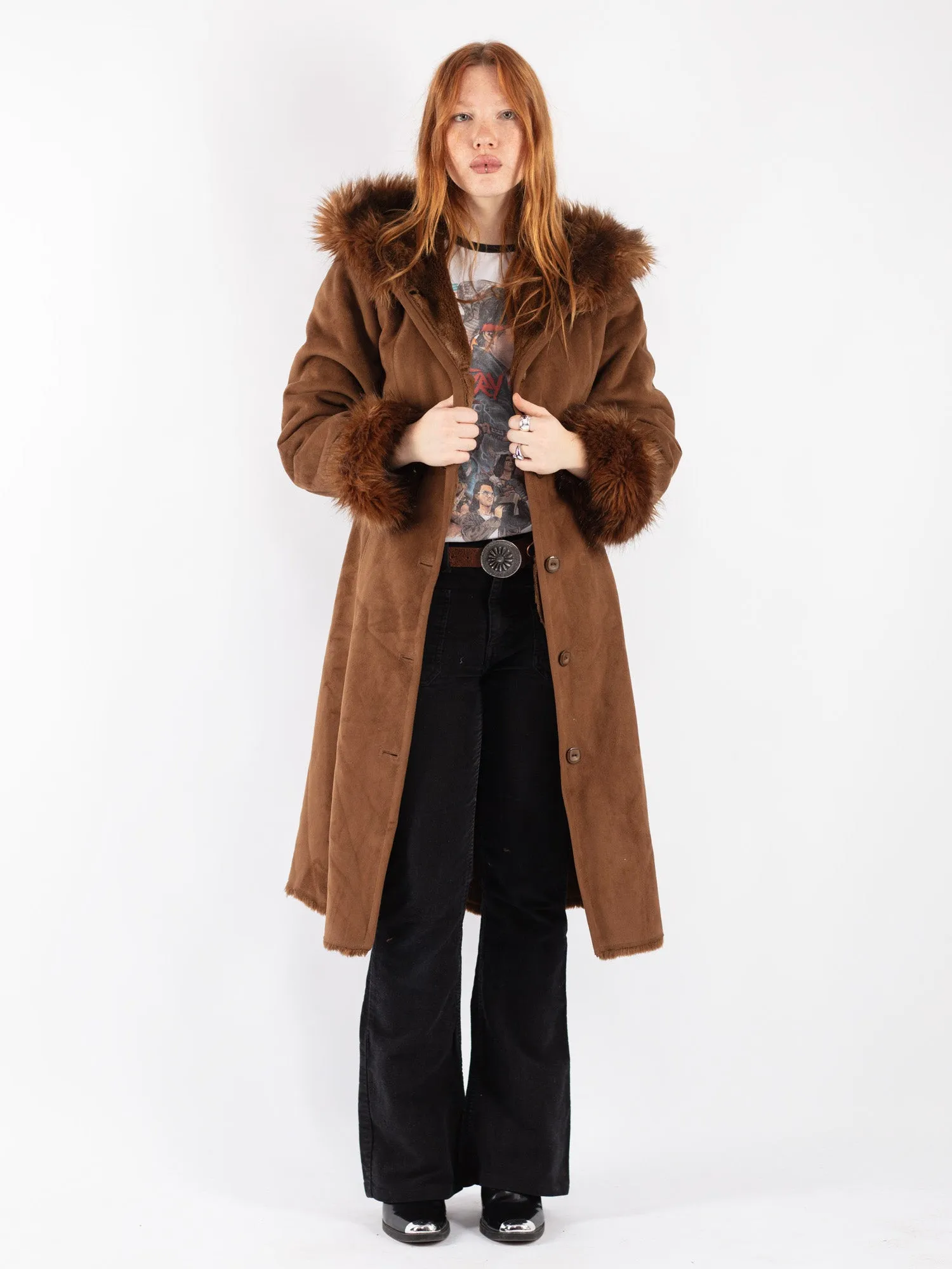 Vintage 90's Women Faux Sheepskin Long Coat in Brown