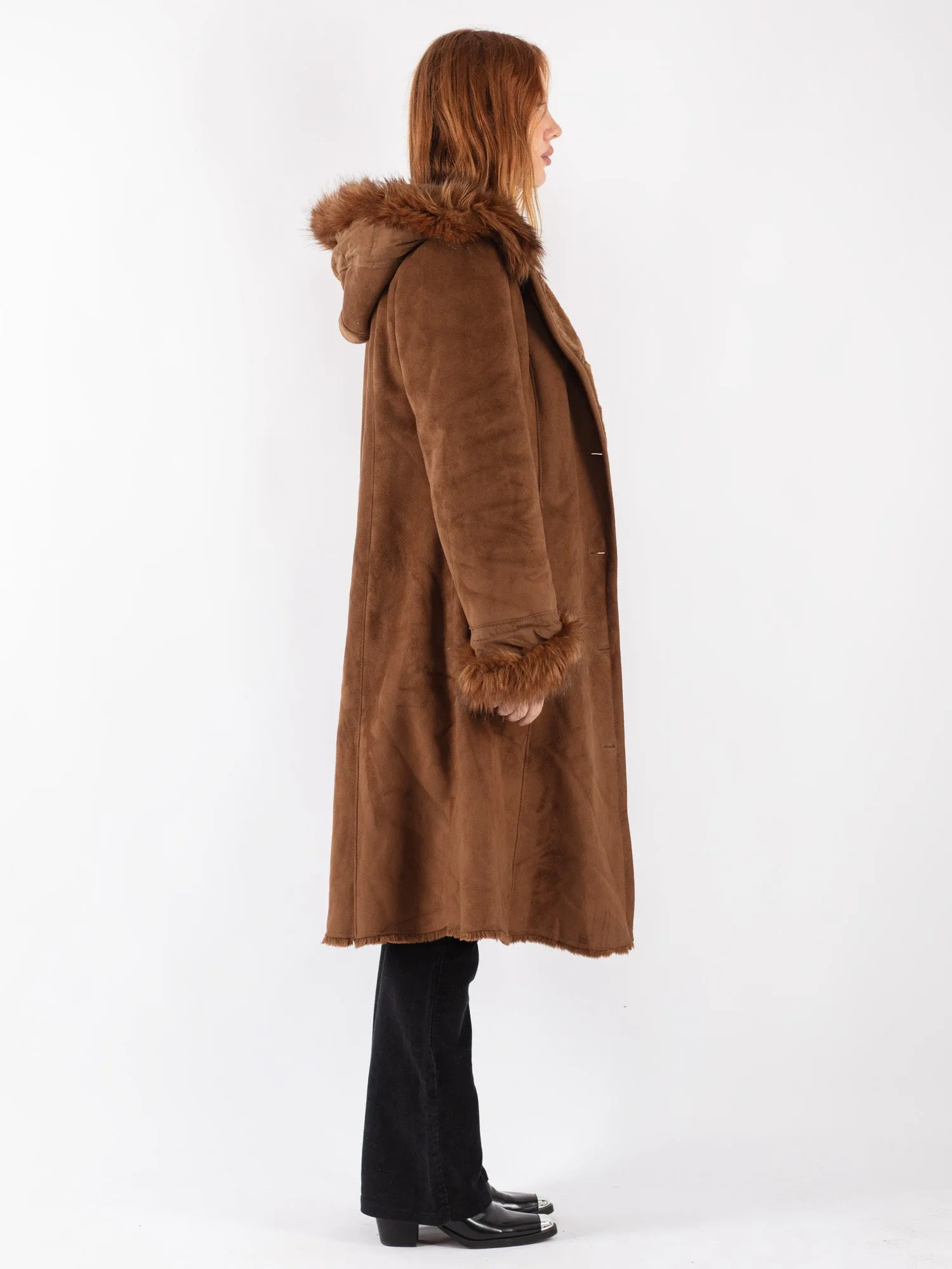 Vintage 90's Women Faux Sheepskin Long Coat in Brown